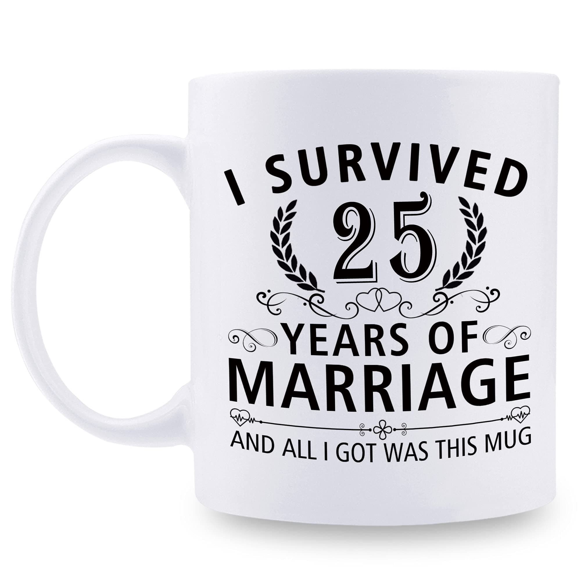 aiyaya 25th Wedding Anniversary Mugs for Couple Husband Wife - I Survived 25 Years of Marriage and All I Got Was This Mug - 25 Year Anniversary 11 oz Coffee Mug for Him Her