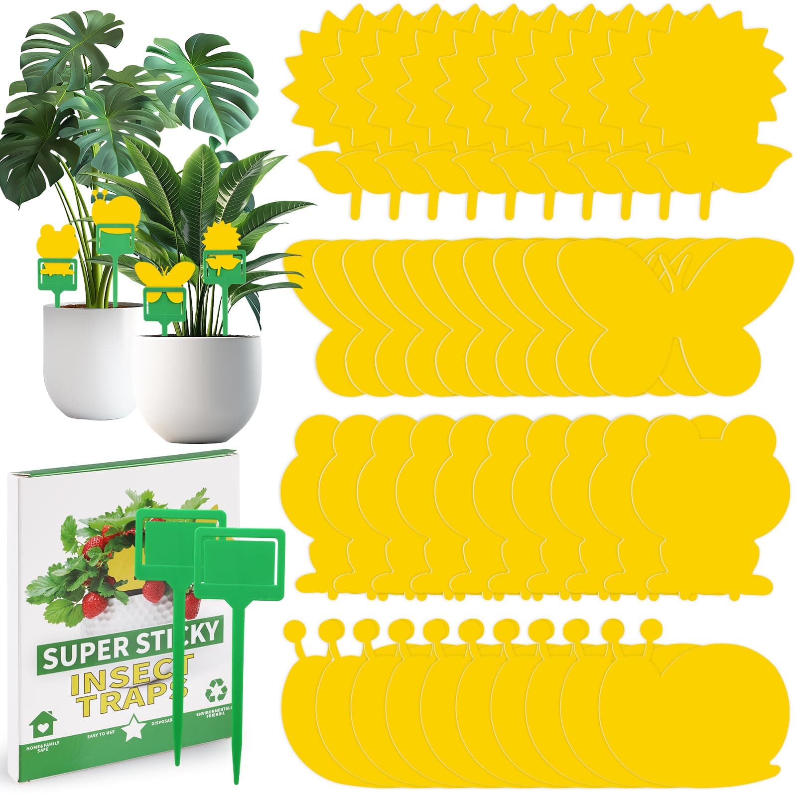 WD&CD Fruit Fly Trap Indoor and Outdoor, Cute 40 Pack Yellow Gnat Sticky Traps for House Plants, Dual-Sided Green Flying Insect Traps for Fungus Gnat,Mosquitos, White Flies, Flying Insects