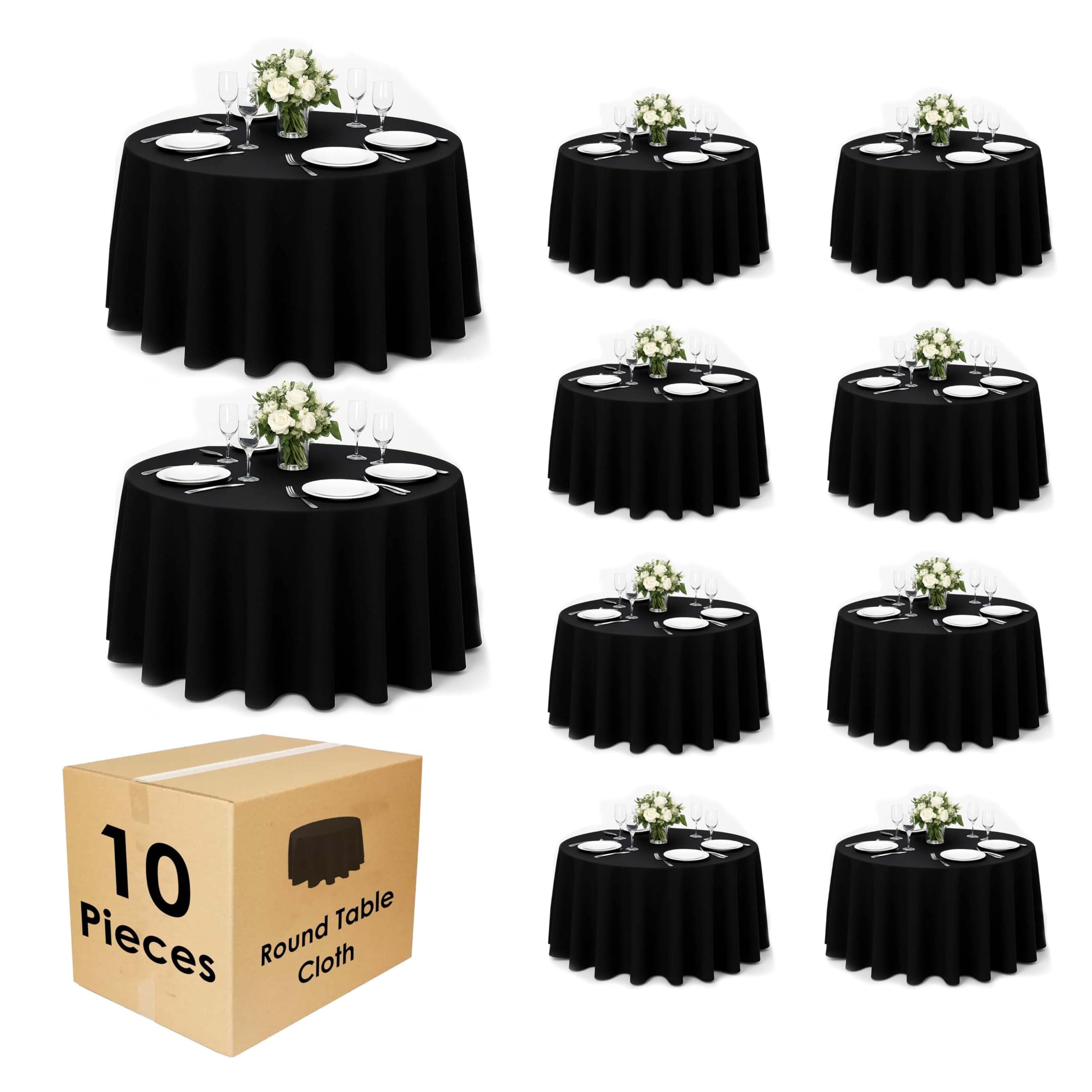 Craft And Party 10 Pack 108 Inch Black Round Tablecloth, Polyester Fabric Washable Table Cloth for Home, Party, Wedding or Restaurant Use.