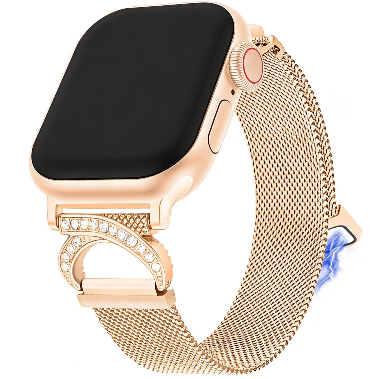 TJCENXIN Rose Gold Metal Mesh Compatible with Apple Watch Bands for Women 38/40/41mm, Stylish D-shape with Diamonds Stainless Steel Strap Magnetic Clasp for iWatch Series SE 10 9 8 7 6 5 4 3 2 1
