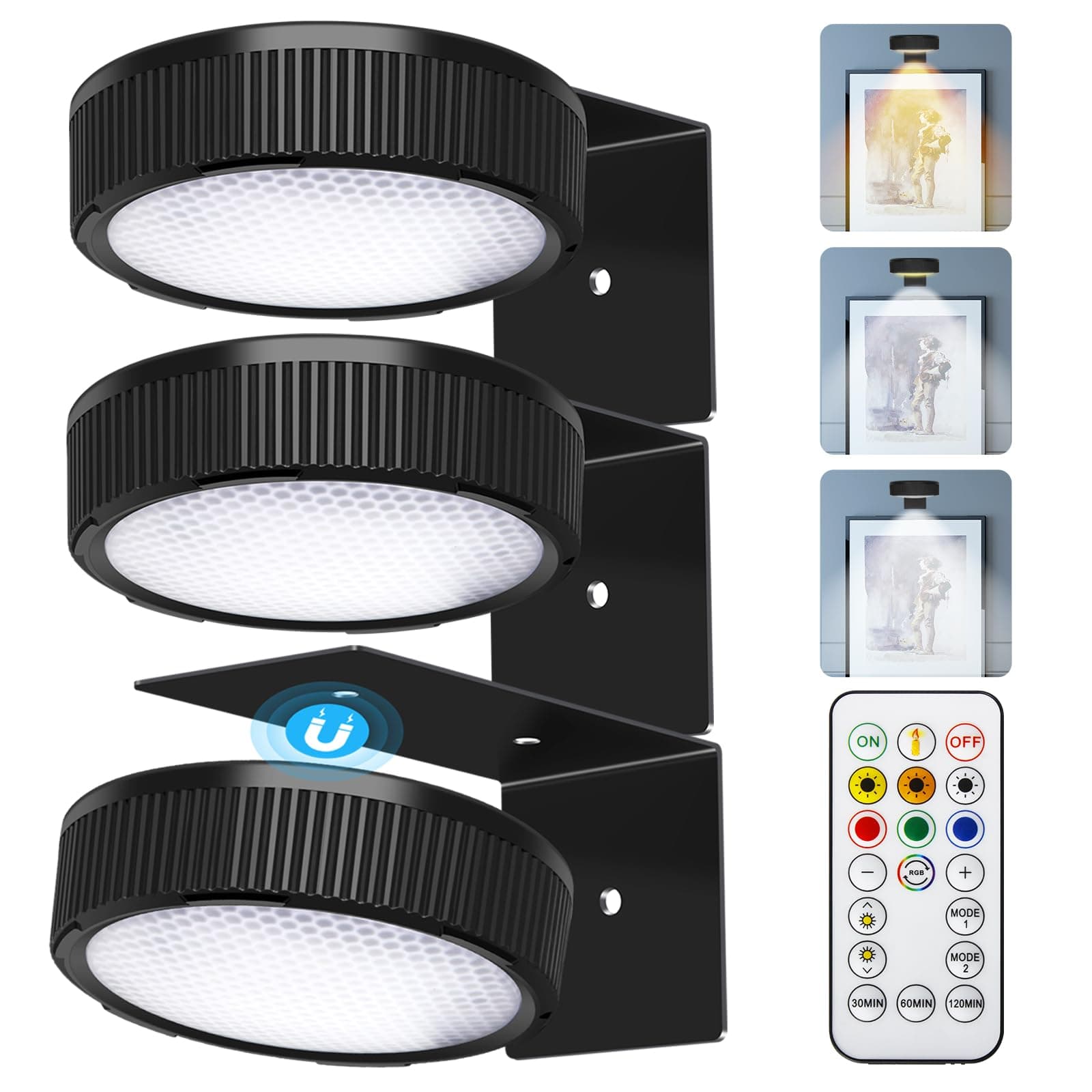 GCVV Wireless Remote RGB Art LED Lights - Magnetic Frame with Timer & Dimmer, Wall Decor Puck Lights (3 Pack, Black)