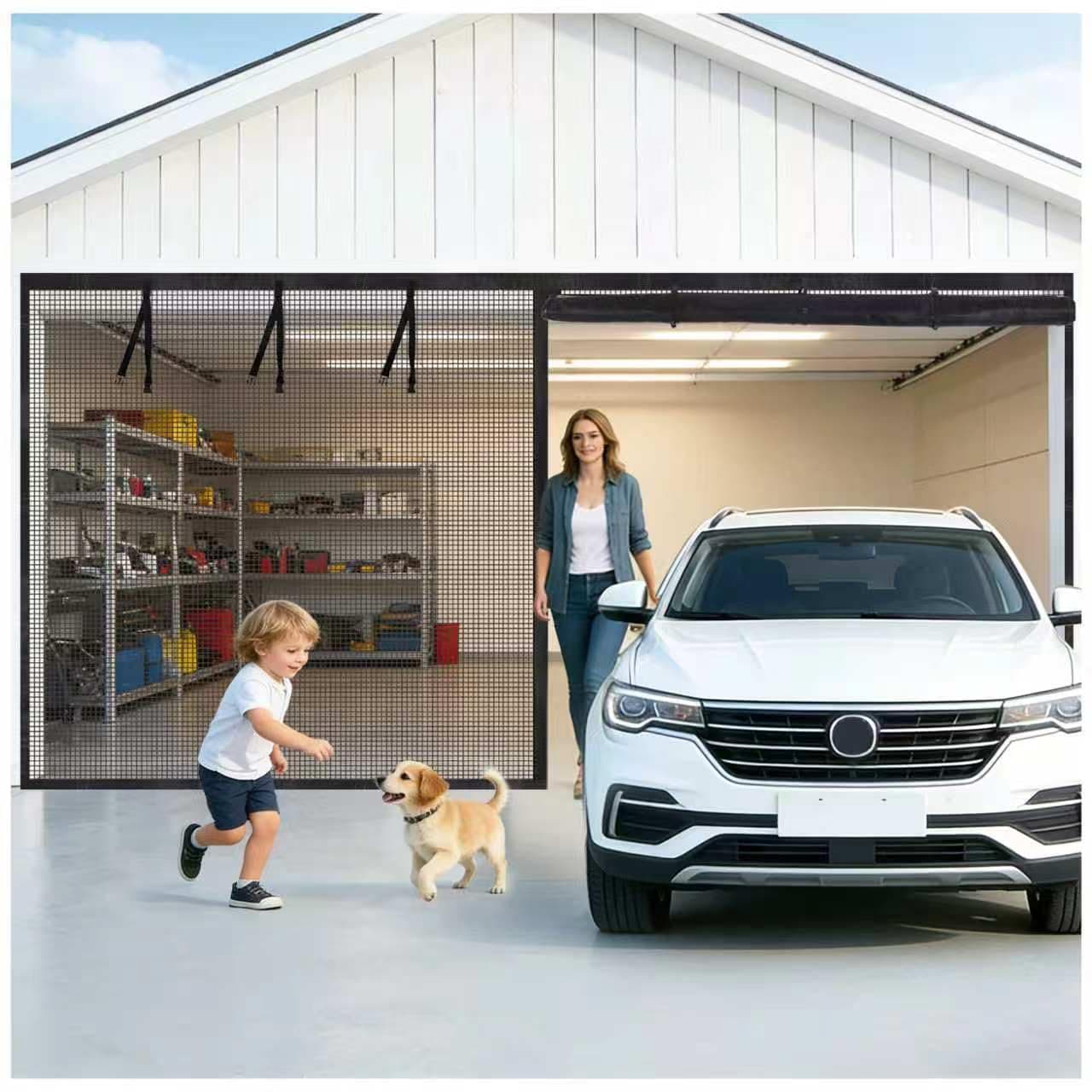 16x7Ft Garage Door Screen for 2 Car, Magnetic Fiberglass Garage Net Screen