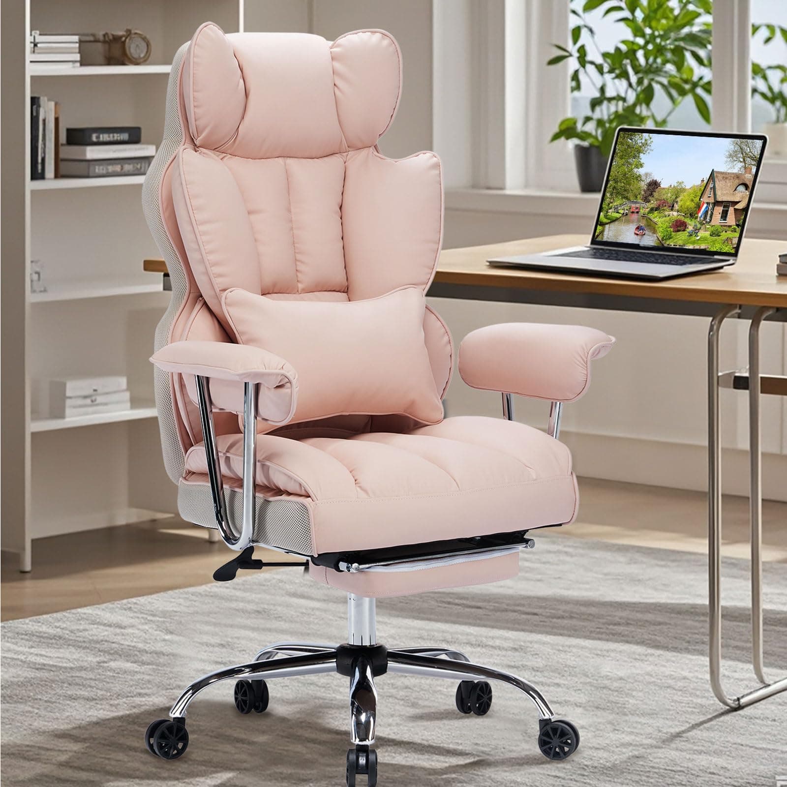 Efomao Big and Tall PU Leather Executive Office Chair,Light Pink