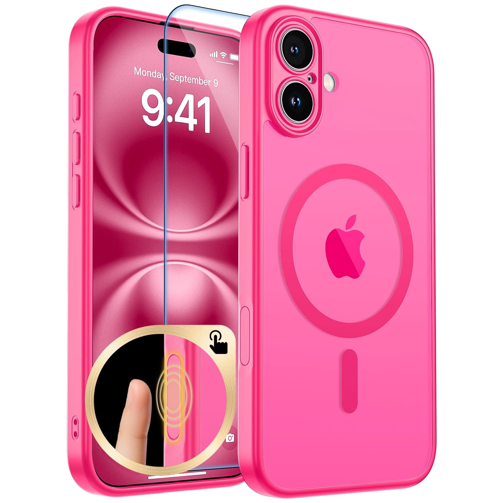zapica Magnetic for iPhone 16 Plus Case, Upgraded [Camera Control Button] [Full Camera Protection] [with 1 Screen Protector] Translucent Matte Shockproof Protective Phone Cover, Rose Pink