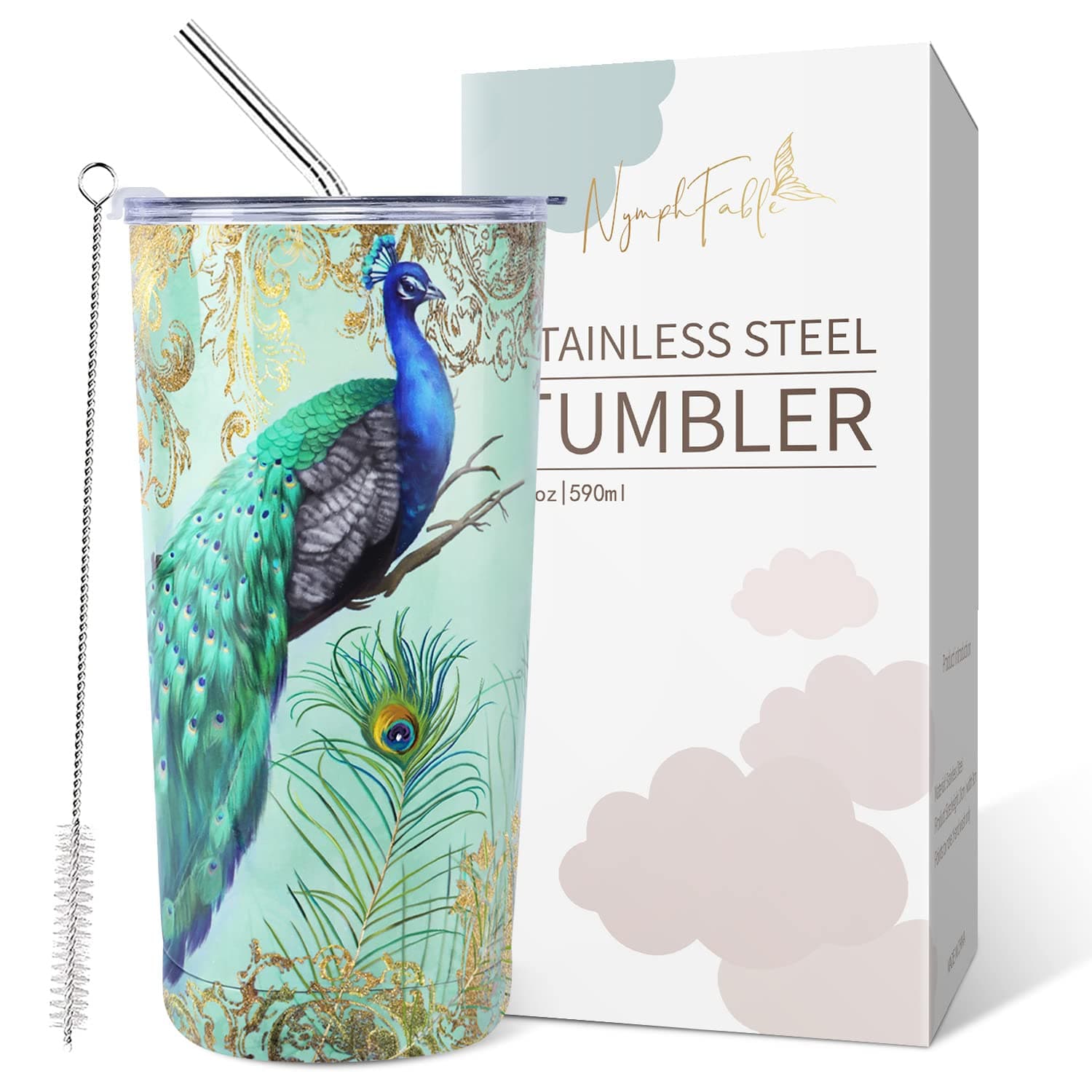 NymphFable 20oz Stainless Steel Tumbler with Lid and Straw Peacock Insulated Travel Mug Double Wall