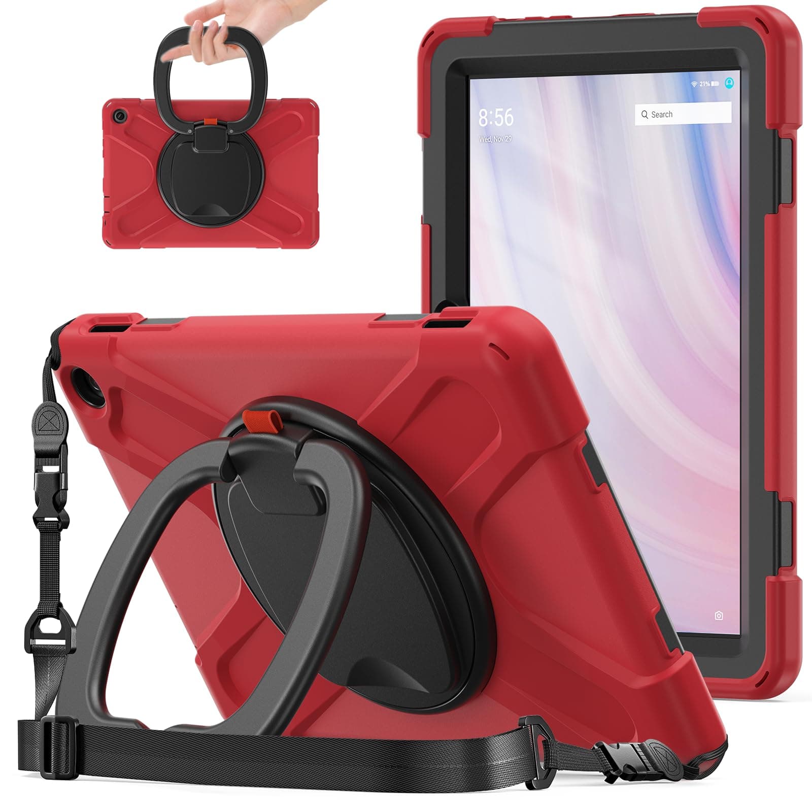 Heavy Duty Case for Fire HD 10 Tablet Case, Shockproof Protective Rugged Case with 360 Rotating Stand,Carrying Shoulder Strap (Red, 13th Generation,2023 Release)