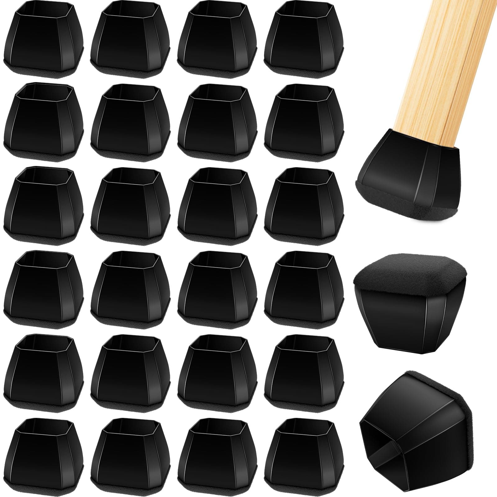 24 PCS Silicone & Felt Chair Leg Floor Protectors for Hardwood Floors - Furniture Pads, Chair Leg Covers/Cups - No Noise & Scratch-Proof - Square L (Fits 1 4/16" to 1 7/16" / 29-36mm), Black