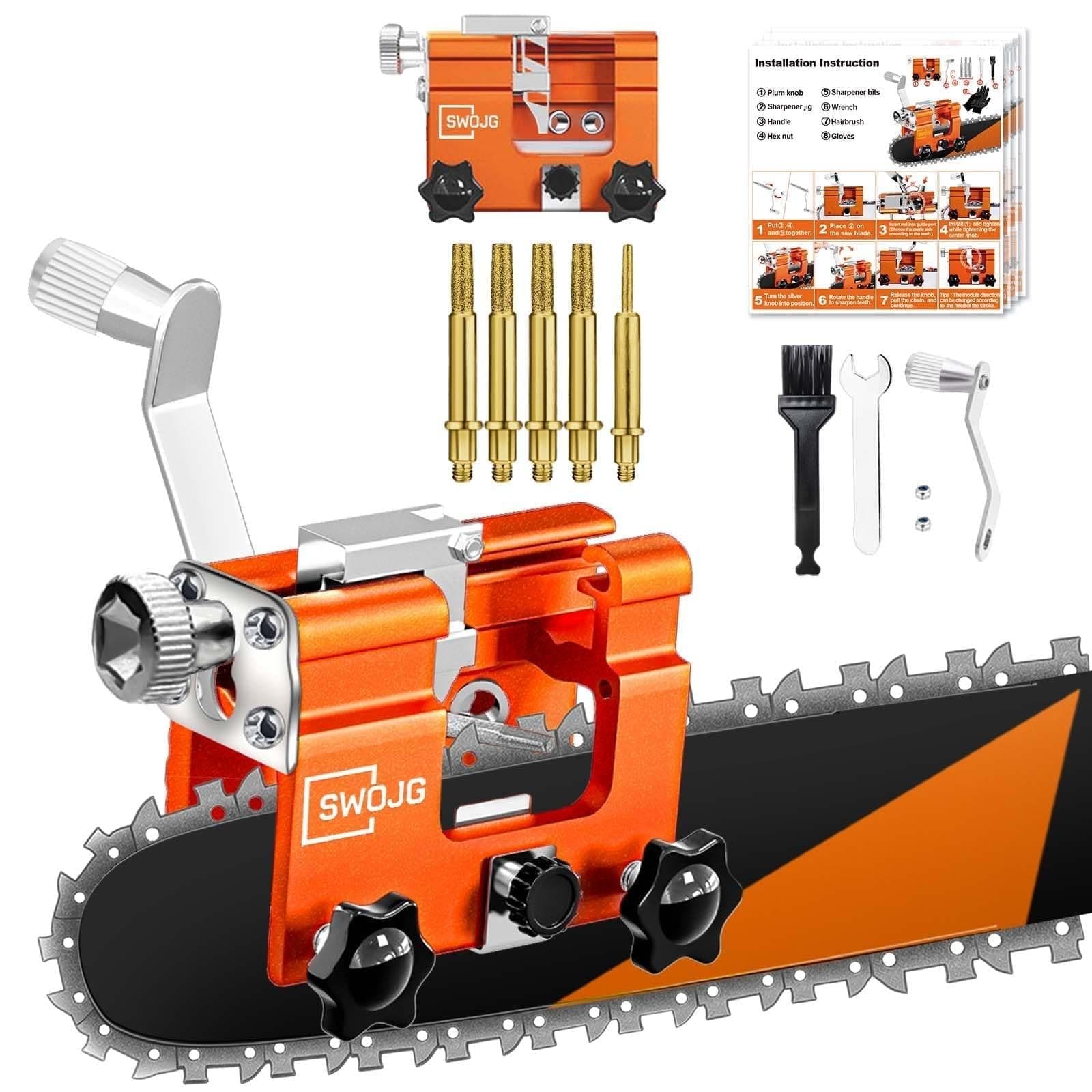 SWOJG Chainsaw Sharpener with 5 Titanium Plated Diamond Bits, Universal Manual Chain Saw Blade Sharpeners Jig Tool Kit for 4"-22" Chains Sharpening