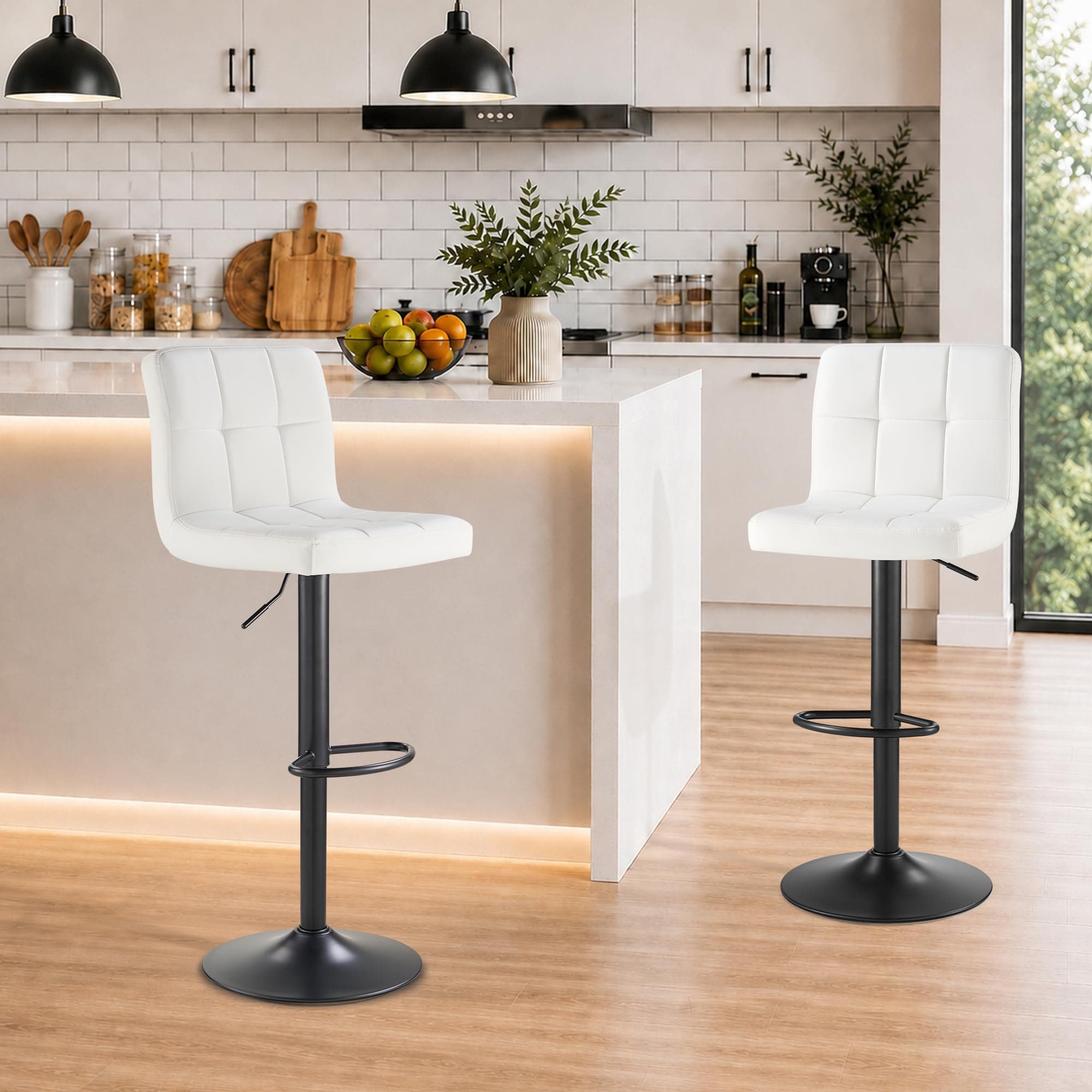 SAETSFEG Adjustable Swivel Bar Stools Set of 2 with Back and Footrest, Armless Upholstered PU Leather Counter Height Stools for Kitchen Islands, Small Apartments, and Home Bars, White
