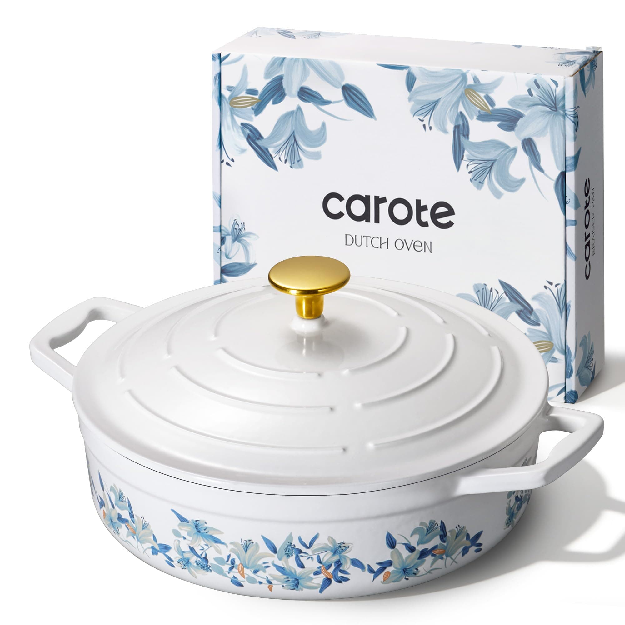 CAROTE 3.5QT Enameled Cast Iron Braiser Pan, Shallow Floral Dutch Oven Casserole Skillets, Non-Toxic Cast Iron Pot with Lid for Baking, Dual Handles, All Stovetop Compatible, White & Blue
