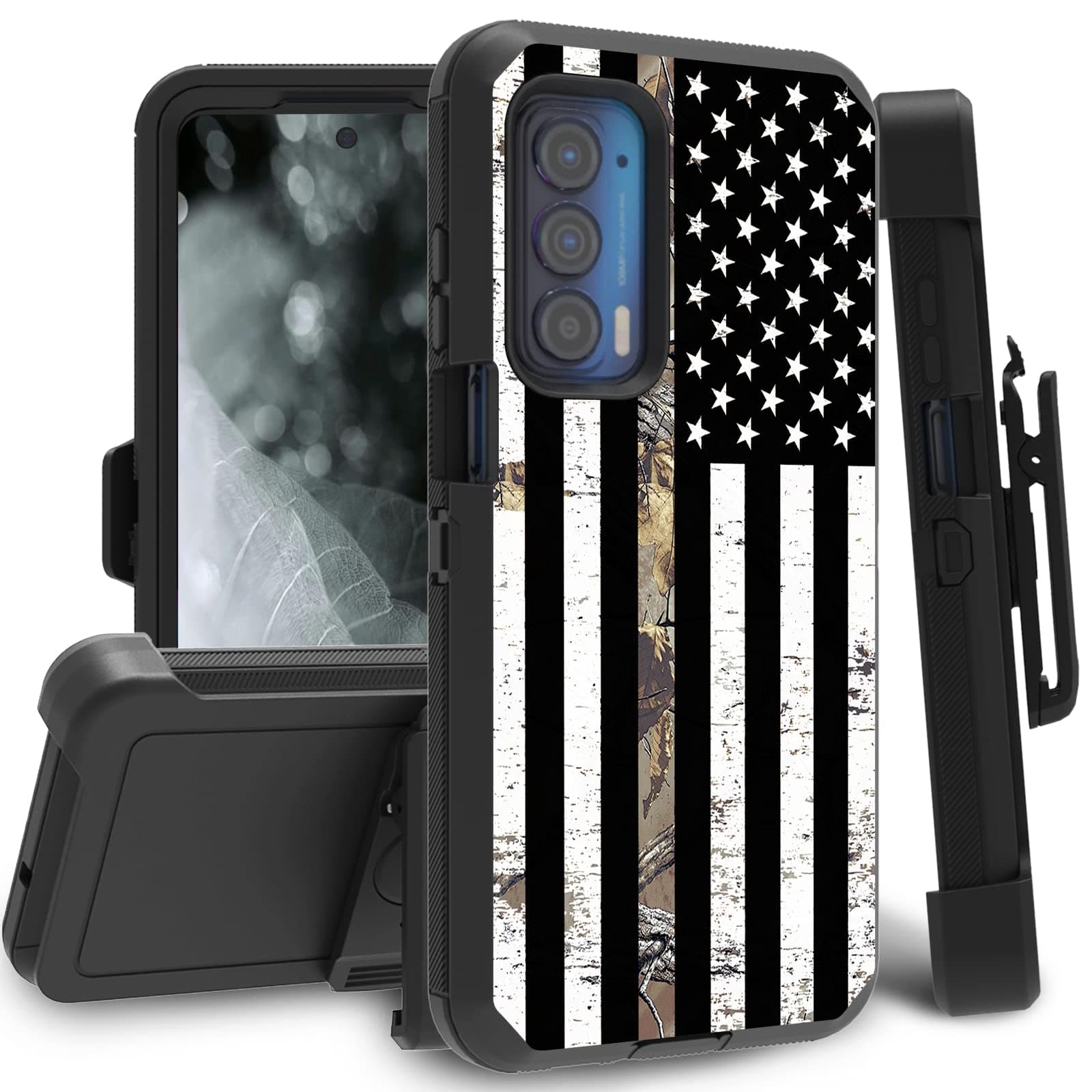 Case for Motorola Edge 2021 / Moto Edge 5G UW, Heavy Duty Drop Protection 3 Layers Hybrid Shockproof Rugged Cover Cases with Belt Clip Holster for Moto Edge 2021, Camo Tree Thin Line Flag