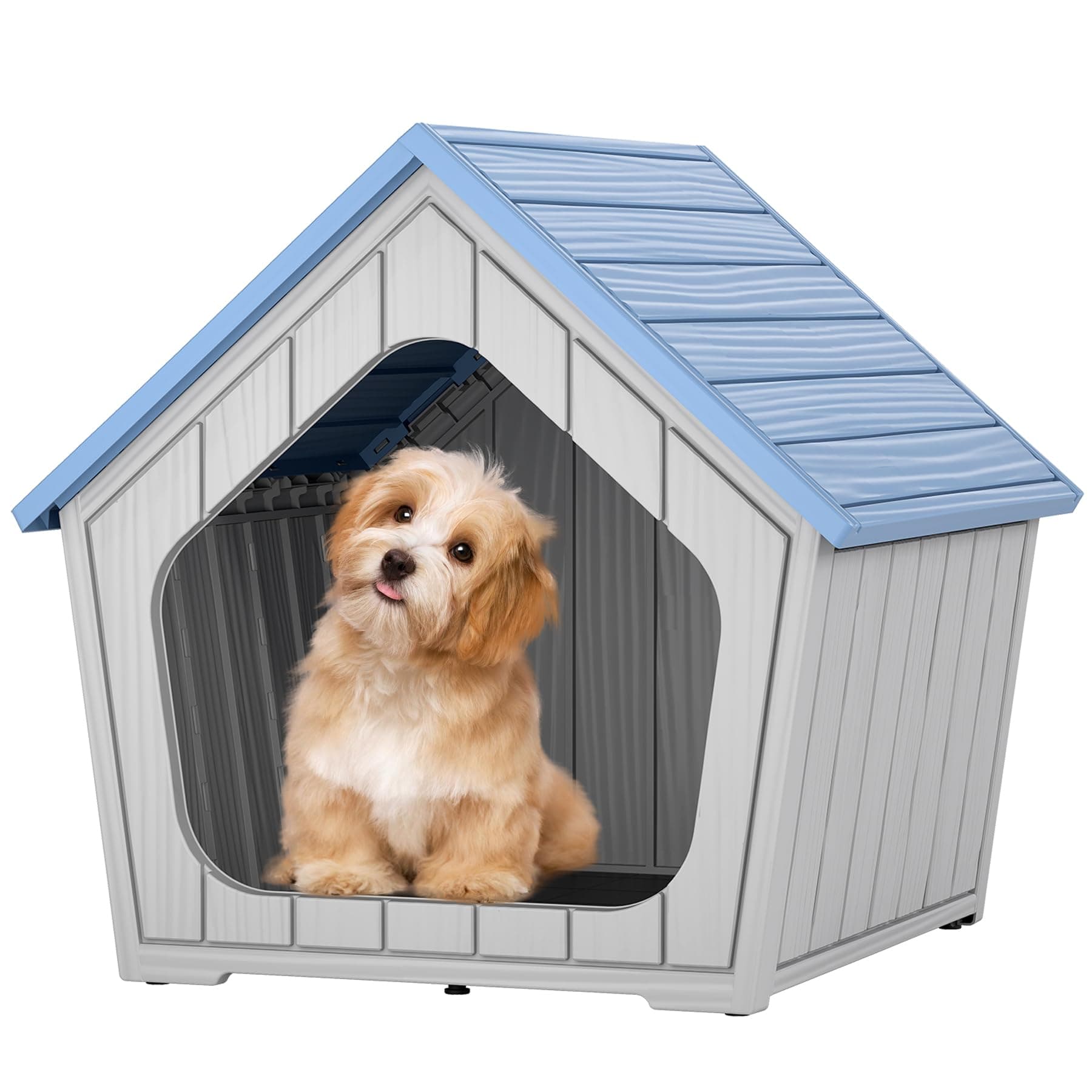 Fancyango Indoor Outdoor Small Dog House - Weatherproof for Small Dogs, Sturdy Pet Kennel Shelter for Indoor Living Room & Outdoor Patio (Blue, 23.43" L×22.44" W×22.24" H)