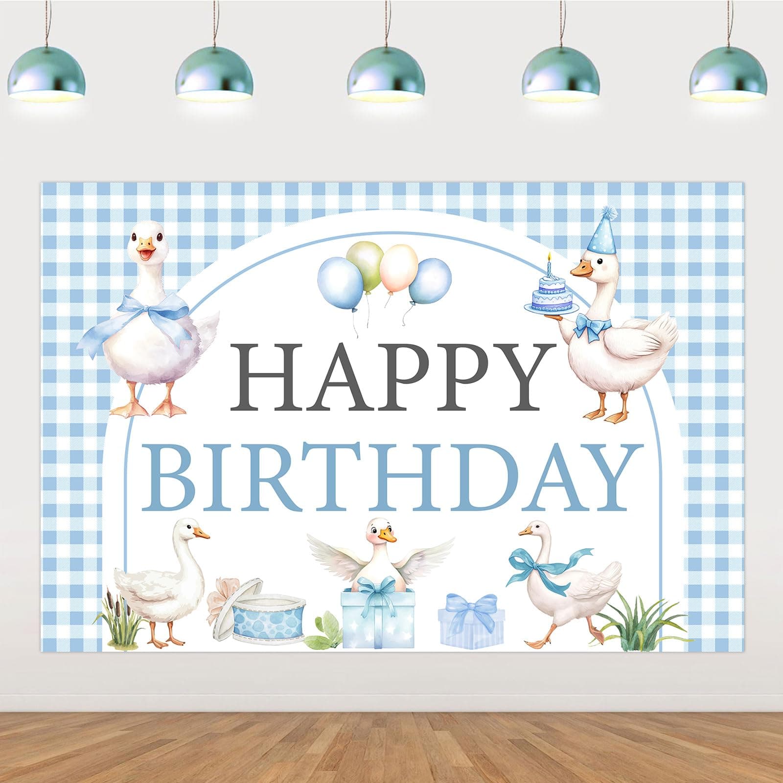 Goose Birthday Backdrop Silly Goose Party Decorations Goose Theme Happy Birthday Backdrop Blue Checkered Farm Animal Background Banner for Boys 1st 2nd 3rd Birthday Party Supplies 5x3ft
