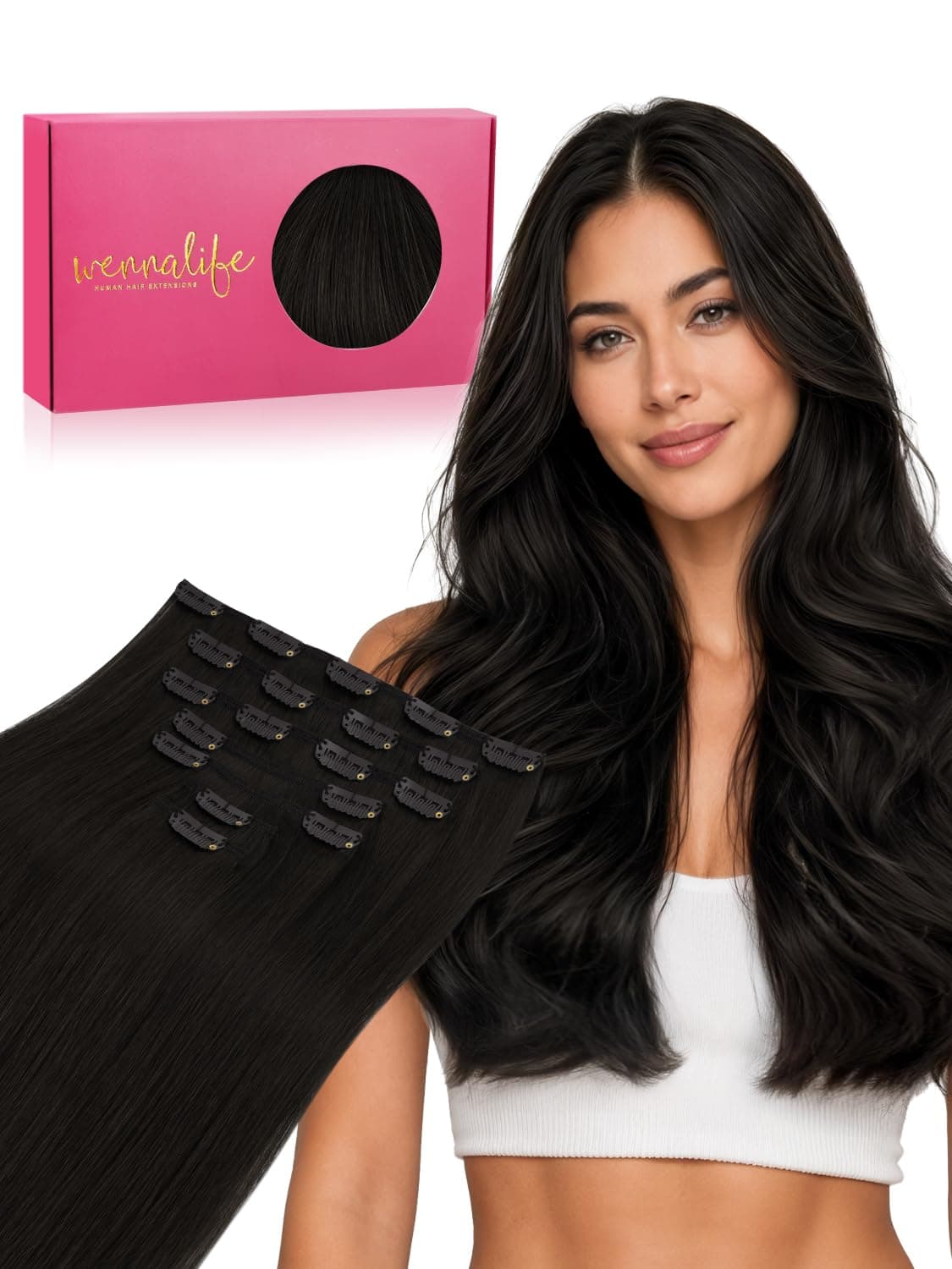 WENNALIFE Clip in Hair Extensions Human Hair 22 Inch 120g 7pcs Natural Black Hair Extensions Clip in for Women Real Human Hair Double Weft Rallonge Cheveux Humain Extension Real Hair Extensions