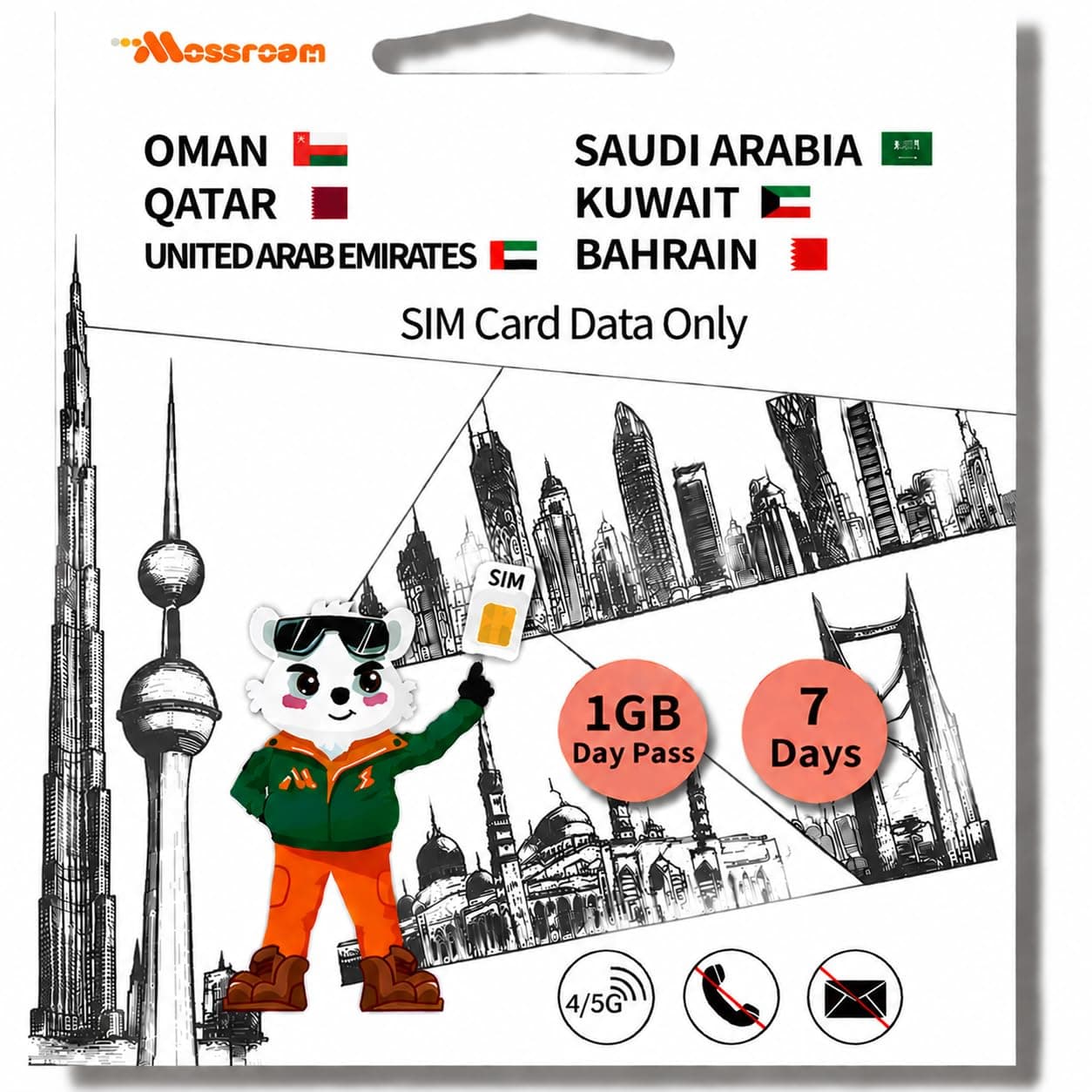 3-in-1 SIM Card for Saudi Arabia, Qatar, Oman, Kuwait – Prepaid Data Plans | Day Pass 1GB Daily Data,7 Days | Unlimited 4/5G Speed Internet
