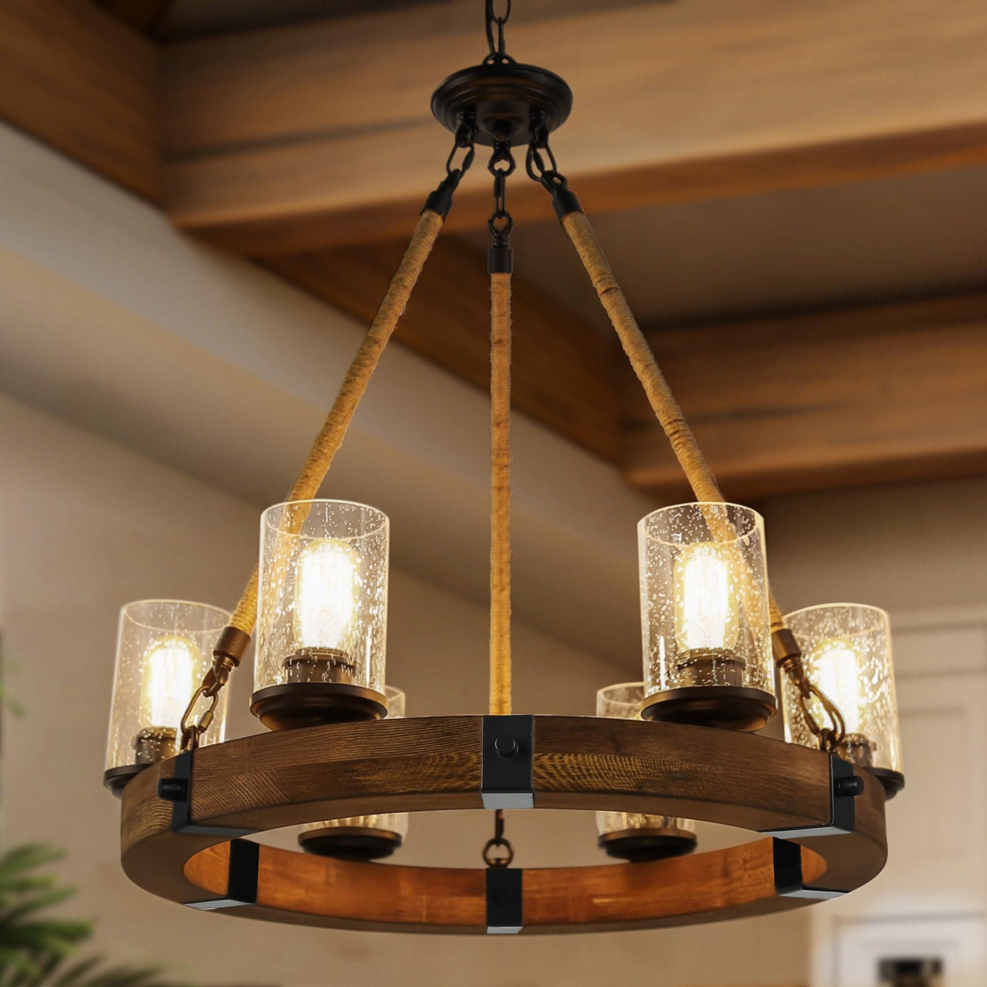 GEPOW Farmhouse Wood Chandelier, Round Wagon Wheel Light Fixture with Seeded Glass Shades & Hemp Rope for Dining Room, Living Room, Bedroom, Kitchen Island, and Foyer