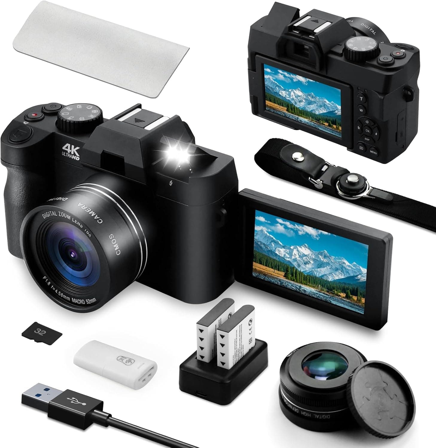 4K Digital Camera for Photography and Video Auto Focus 48MP Vlogging Camera,180°Flip Screen 16X Zoom with 32GB SD Card, 2 Batteries Black