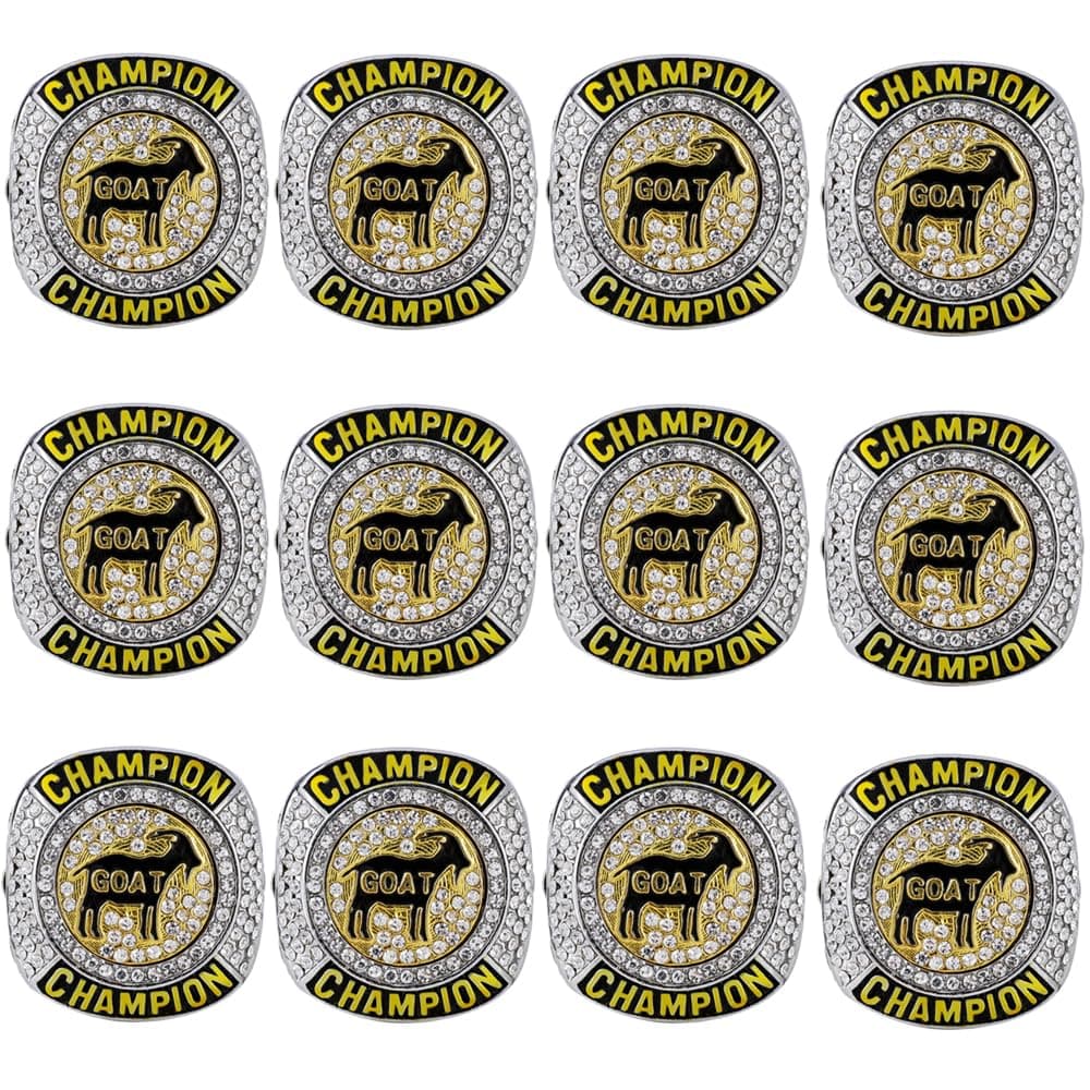 ghfucs Goat Champion Ring Award Gift For Tournament Or League Champion Winner MVP Greatest of All Time G.O.A.T. (12 pcs rings together, size 14)
