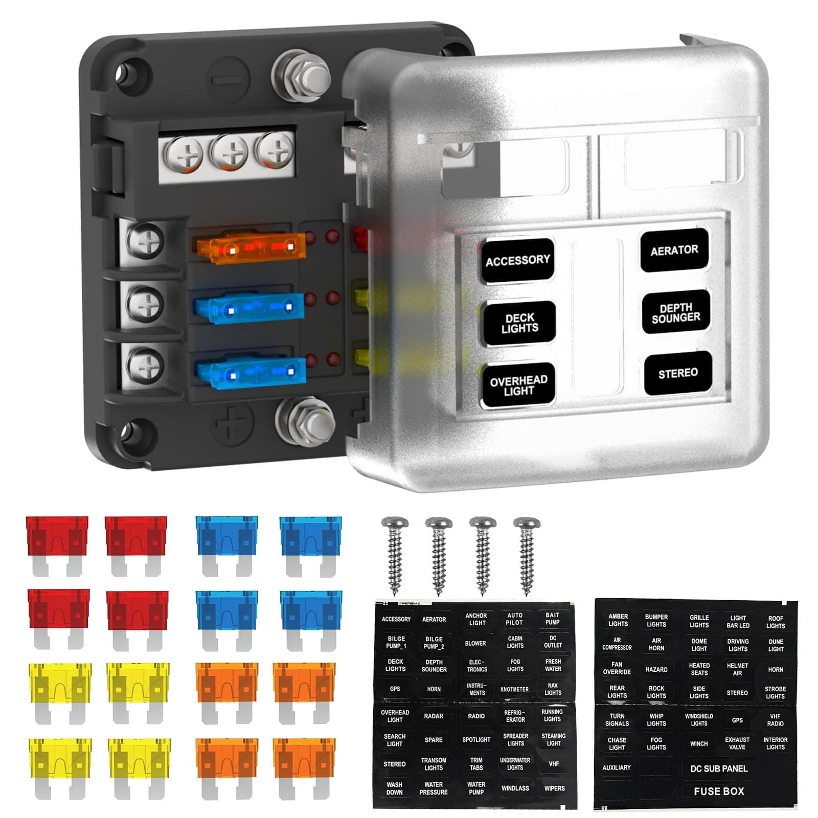 UCkasayfy 6 Way Fuse Box 12V/24V DC ATC/ATO Fuse Block with 16 pcs Fuses LED Indicator Negative Bus Blade Fuse Panel for Car, Boat, RV, Truck, Marine