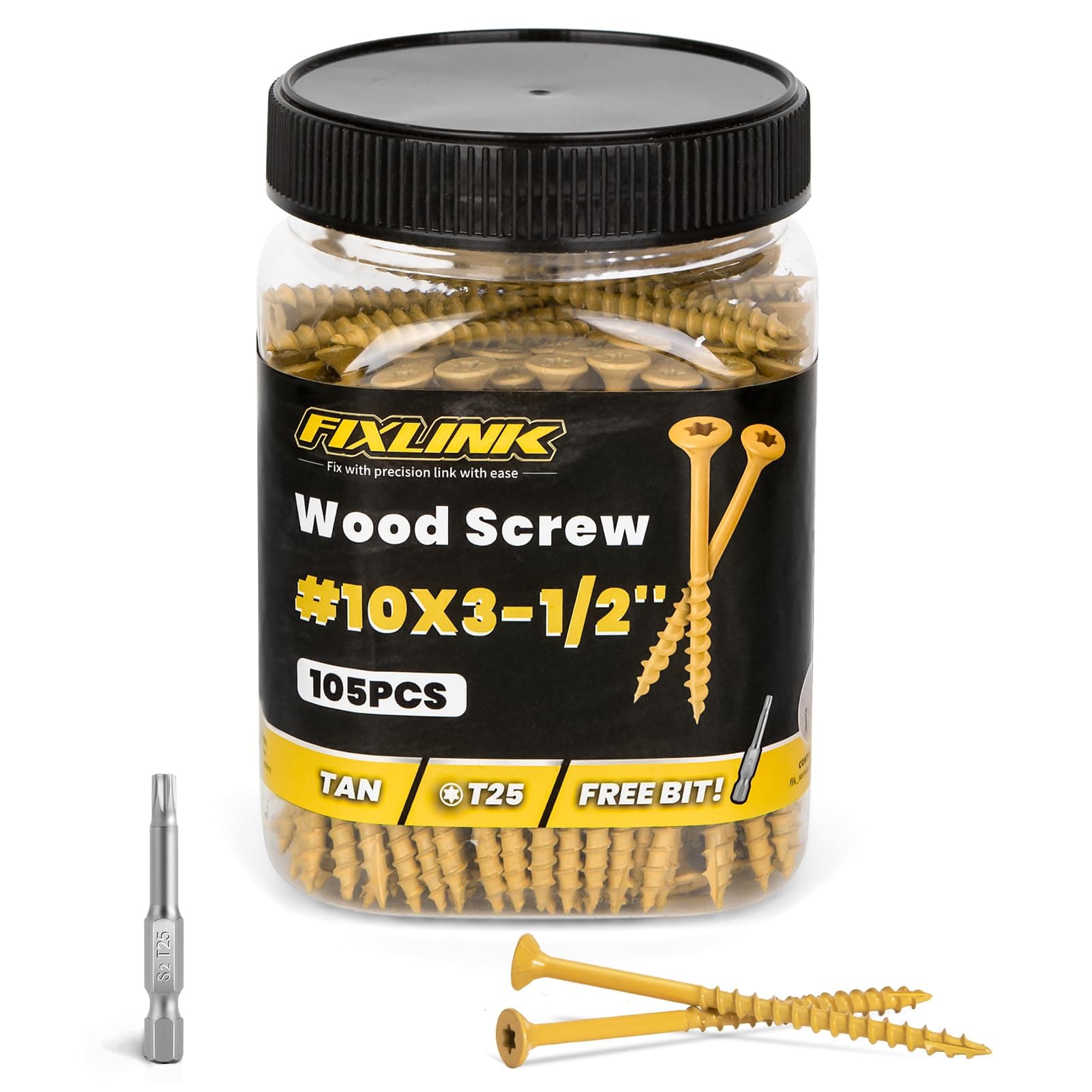 Wood Screws 3-1/2 Inch, FIXLINK Deck Screws #10 x 3-1/2", 105 PCS, Epoxy Coated, T25 Star Bit Above 1500 Hour Salt Spray Coating Outdoor Decking Screws Excellent Rust Resistant for Wood Fence, Tan