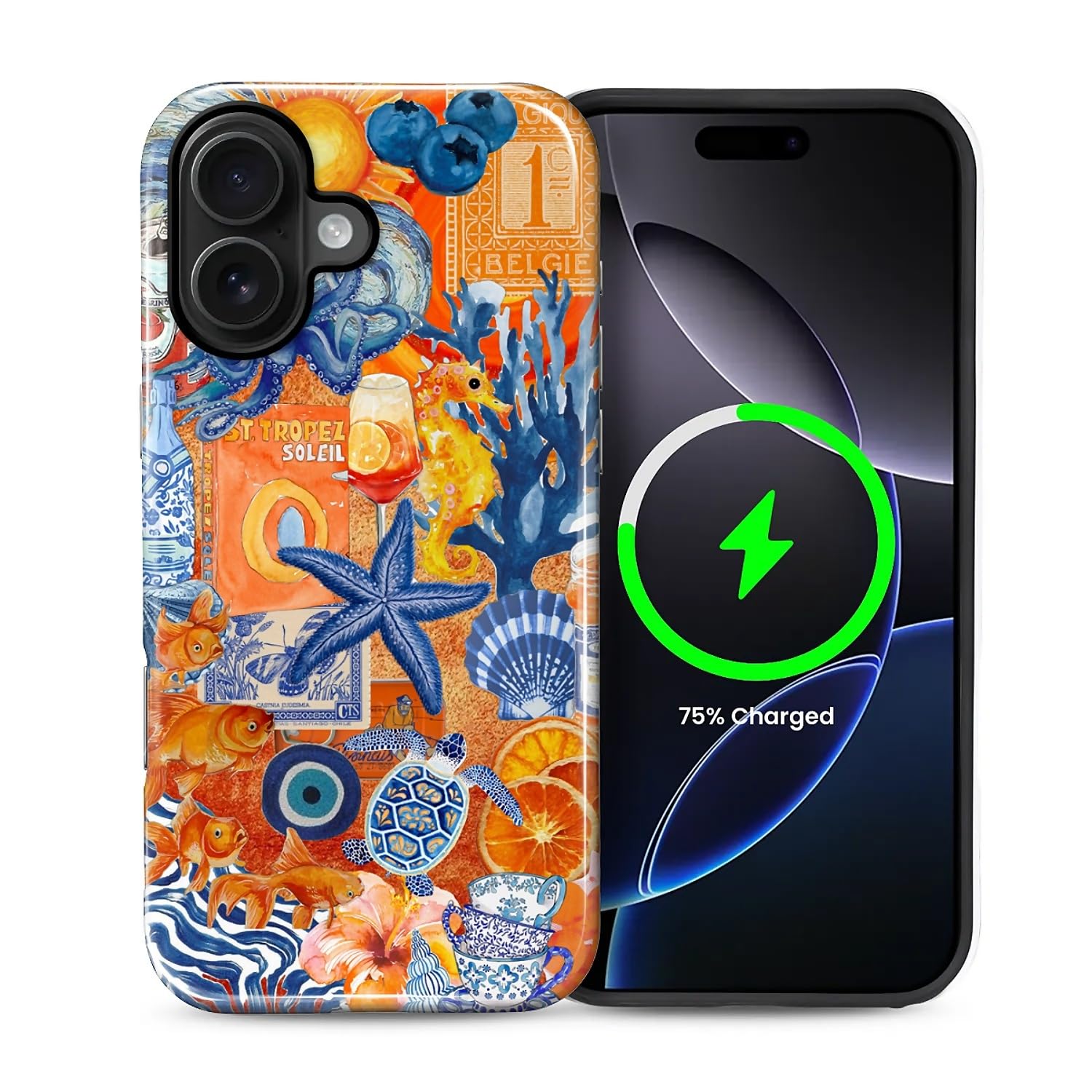 FKBRCL4U for iPhone 16 Case, Hybrid 2-Layer Silicone Protective Non Slip Case for MagSafe for iPhone 16 Goldfish Starfish Stamp Octopus Pattern