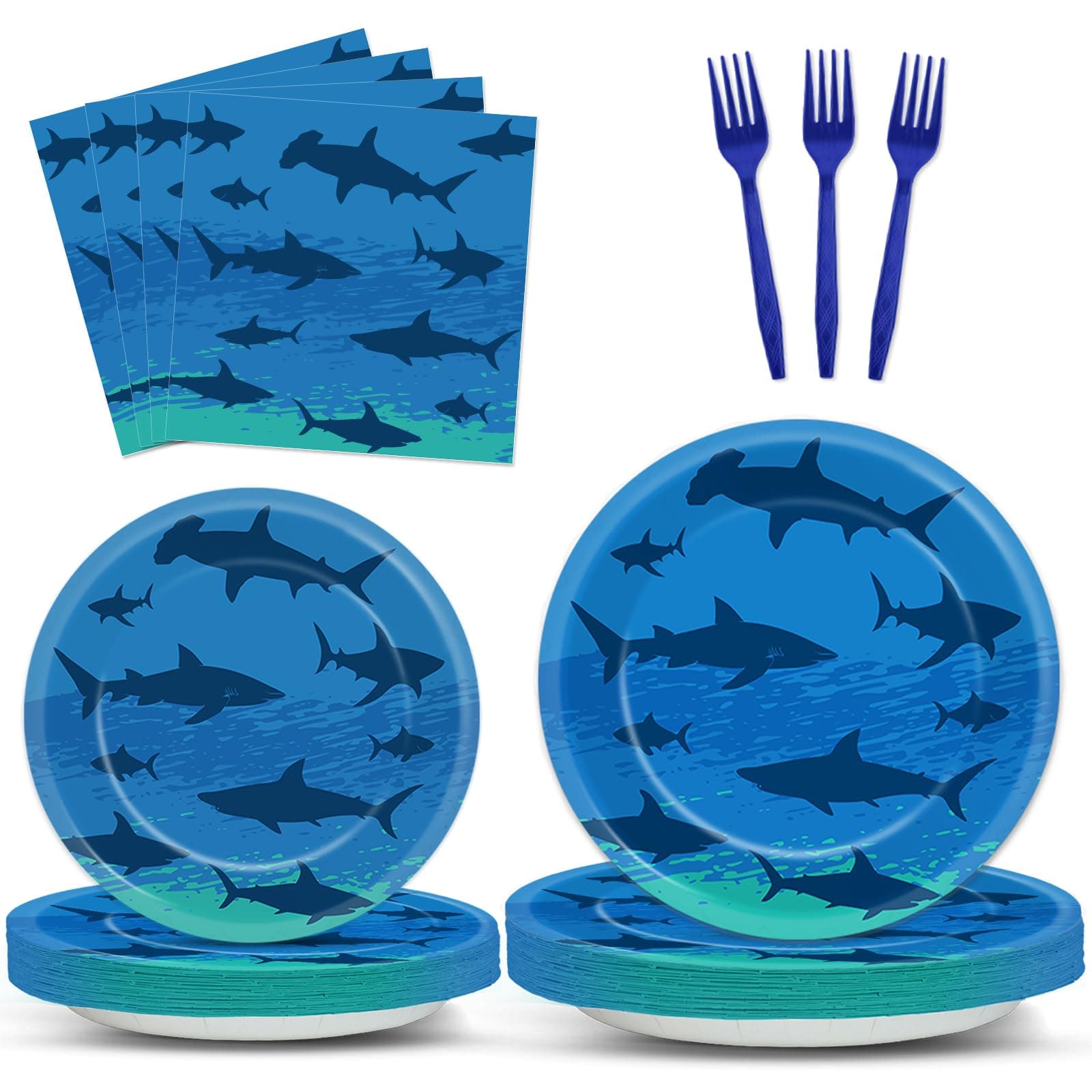 96 PCS Shark Birthday Paper Plates Napkins Forks Disposable Dinnerware Set Ocean Shark Themed Tableware for Kids Under the Sea Party Dinnerware Sets for Baby Shower Ocean Animal Theme Party Supplies