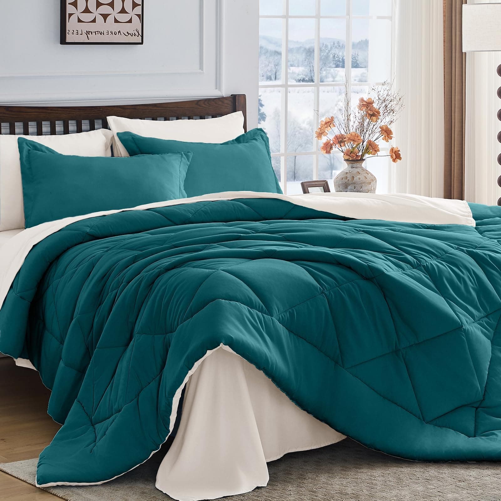 HEVUMYI 7-Piece Twin Comforter Set, Peacock Blue & Ivory