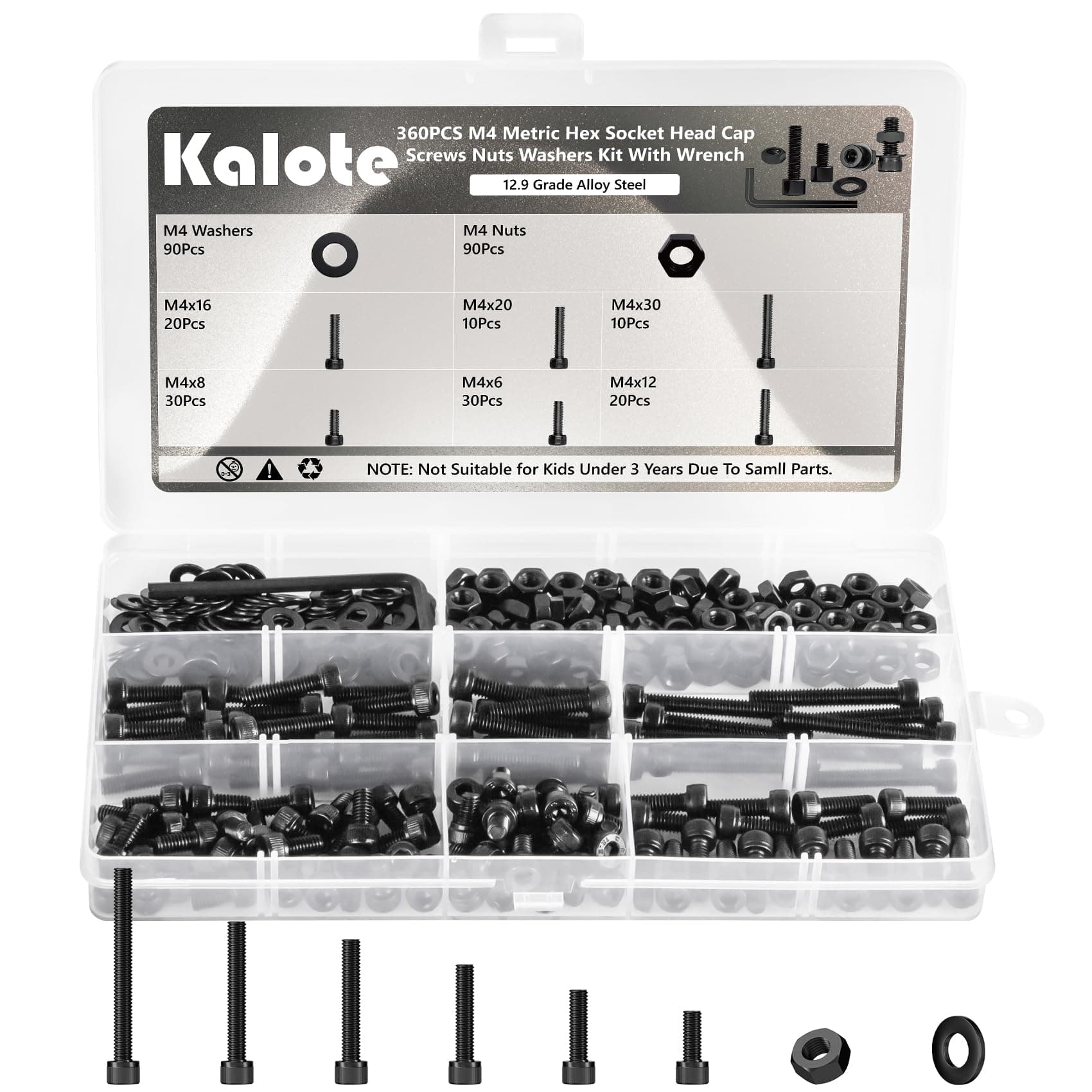 Kalote 360Pcs M4 Metric Screws, 12.9 Alloy Steel Hex Bolts Washers Kit