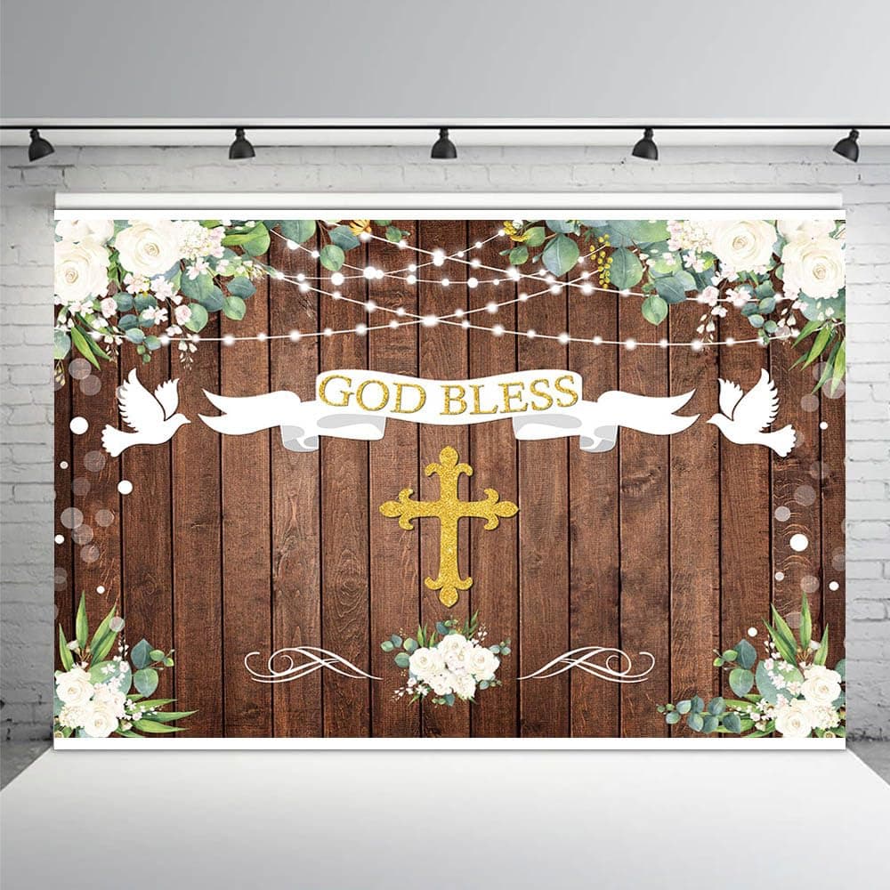 AIBIIN 7x5ft God Bless Baptism Backdrop First Holy Communion Party Decorations Newborn Baby Shower Banner Rustic Wood White Floral Ribbon Photography Background Decor Supplies