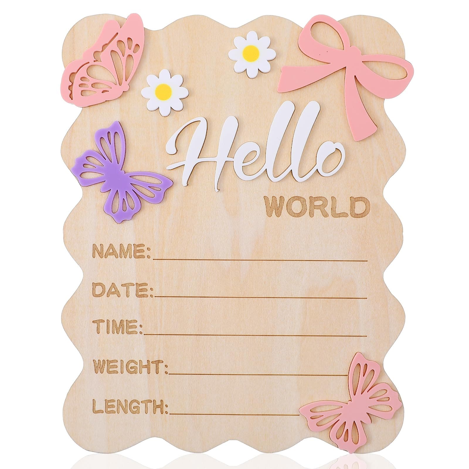 Hello World Newborn Sign, 5.8 x 7.4 Inch Butterfly Daisy Baby Announcement Sign Wooden Bow Birth Welcome Board for Newborn Boys Girls Photo Props Baby Shower Hospital Nursery