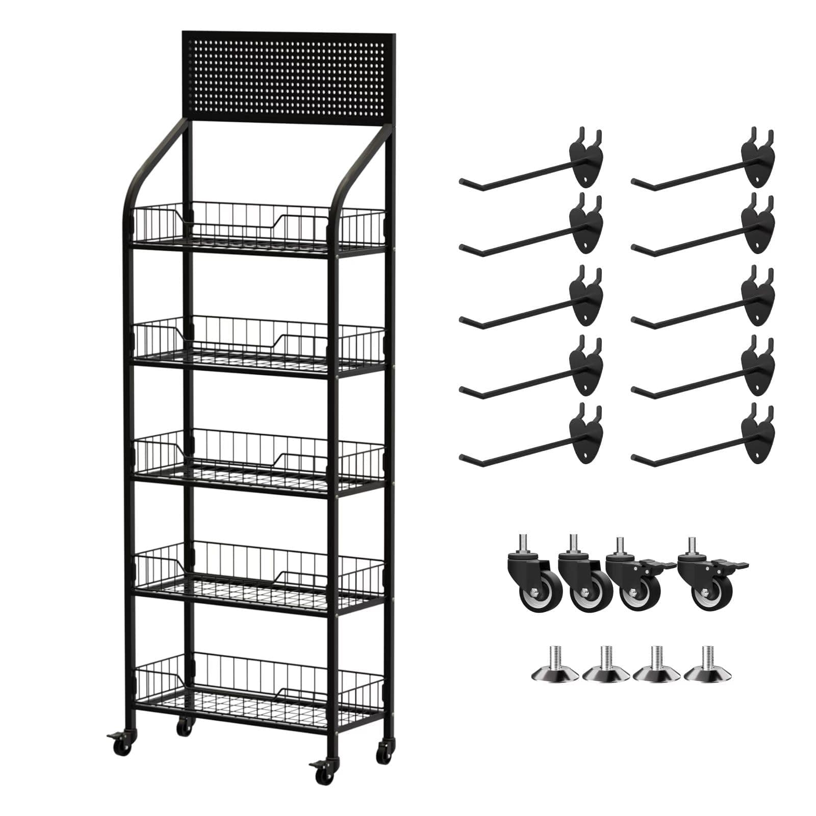 Yuwoune 5-Tier Black Metal Display Rack, 67" H, 23.6x10.6x67" H, 300 lbs Capacity, Wheels & Hooks, Kitchen, Office, Store