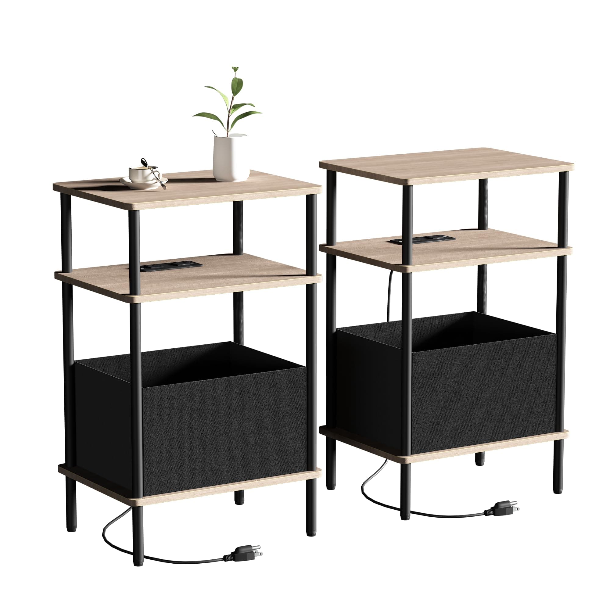 Newmics Small Side Table with Charging Station, Set of 2 End Table for Small Spaces, Slim Nightstand with Outlet,Sofa Beside Table, 3-Tier Storage Shelf,Living Room, Bed Room, Natrual Walnut