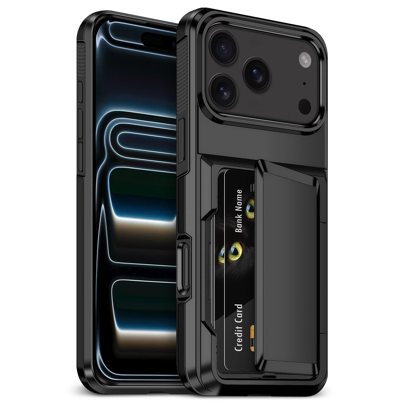 for iPhone 17 Pro Max Case with Card Holder [Max 3-5 Cards] Heavy Duty Protective Shockproof Cases Dual Layer Hard PC Soft TPU Bumper Hidden Card Slot Wallet Case Cover for iPhone 17 Pro Max-Black