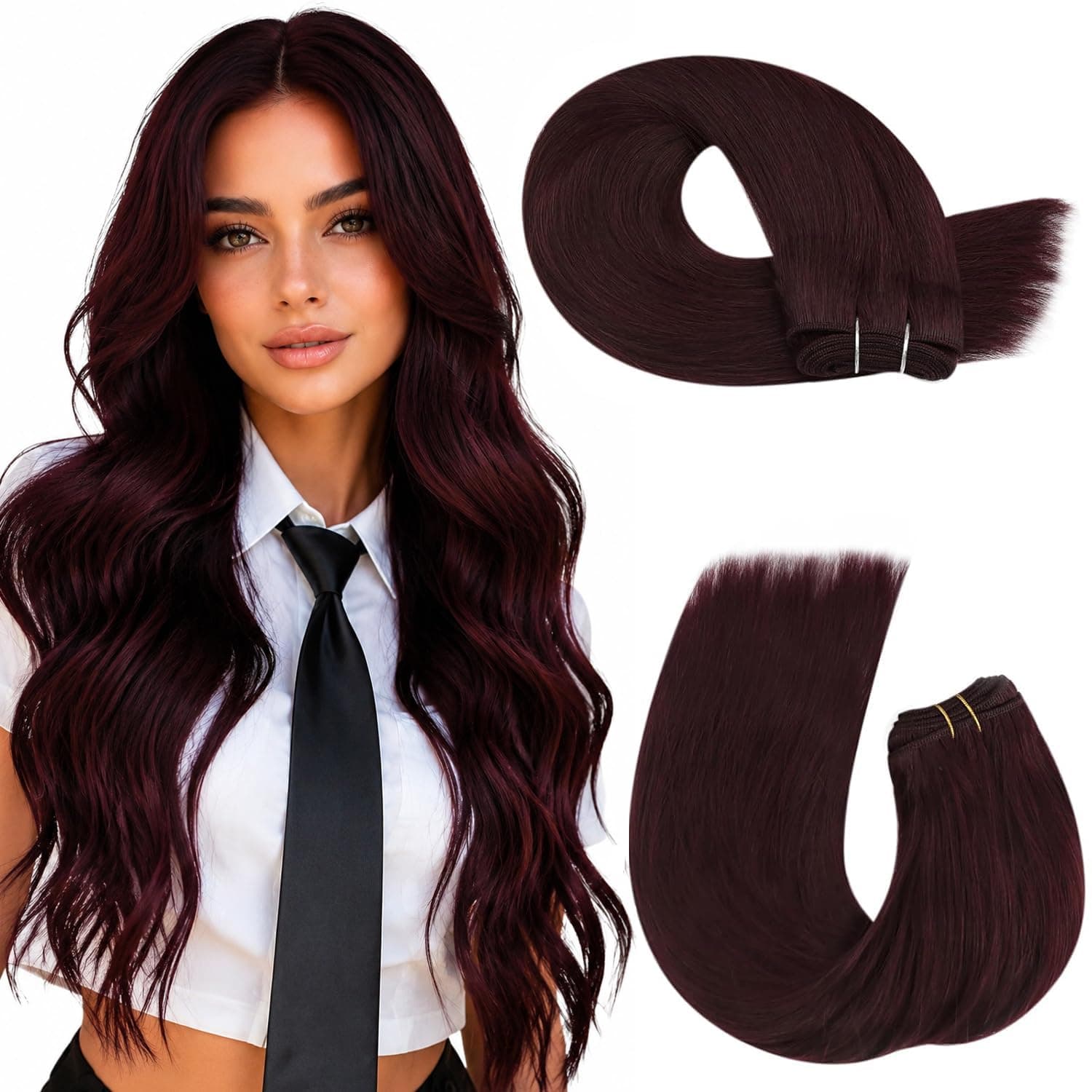 Moresoo Red Weft Hair Extensions Human Hair Sew in Extensions Dark Red Sew in Hair Extensions for Women Burgundy 100g 22inch