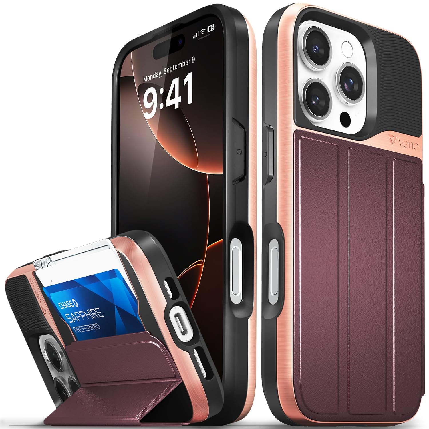 VENA vCommute for iPhone 16 Pro Wallet Case, [Military Grade Drop Protection] Flip Leather Cover Slot Card Holder with Kickstand - Red