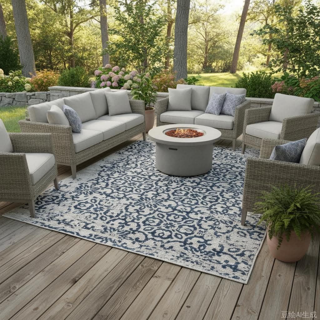 Grey Blue Boho Abstract 6x8 Outdoor Area Rug for Patio Deck Porch Balcony Camping Washable Waterproof Outside Carpet Vintage Non Slip Bathroom Laundry Room Rugs Runner