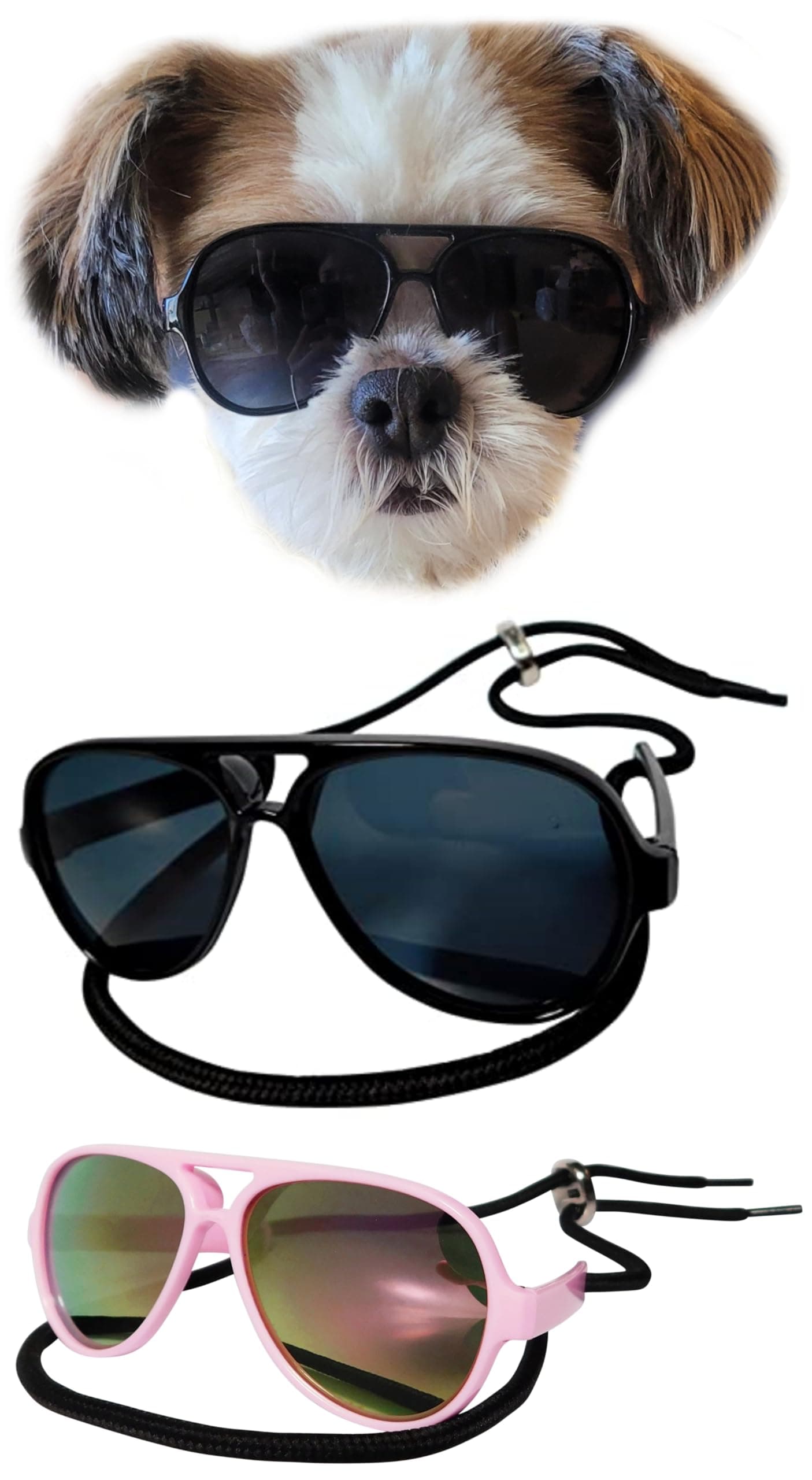 G029 Dog Cat Pet Aviator Pilot Sunglasses Glasses for Small Breeds up to 15lbs (2-Pack Black + Pink-Pink Mirror)