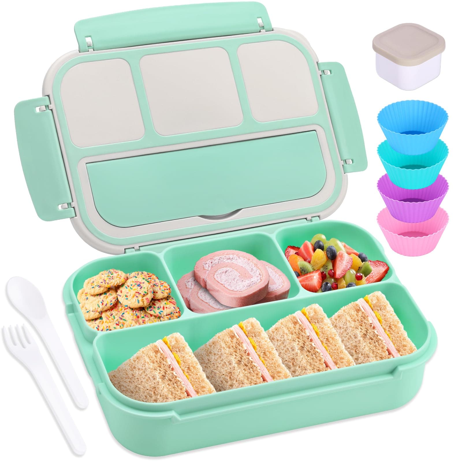 shell and turtle Bento Box Adult Lunch Box, Lunch Containers for Kids Girls Boys with 4 Compartments, Lunchable Food Container with Utensils, Sauce Jar, Muffin Liners, 40 Oz/5 Cup, Seafoam Green