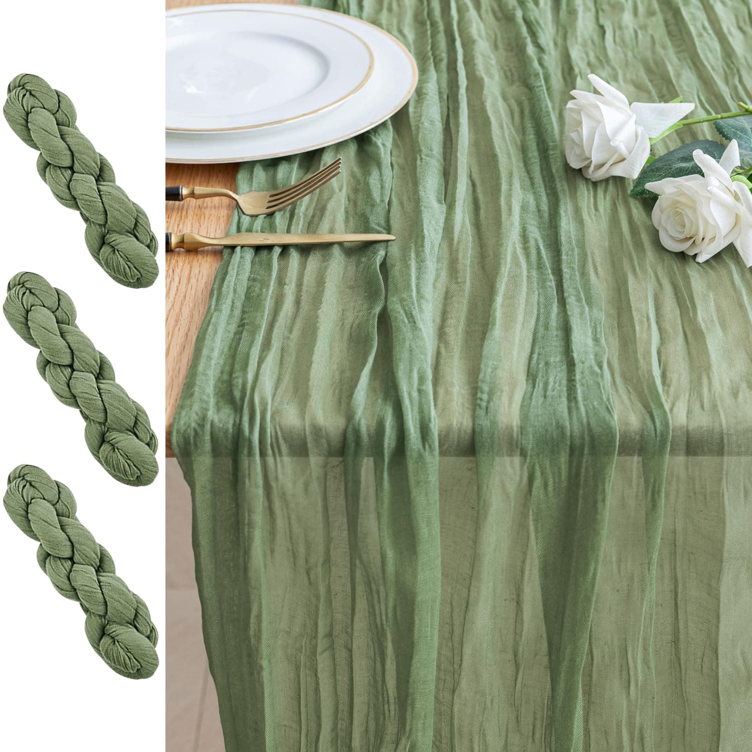Xiomot 3PCS Table Runner Cheesecloth 10FT Sage Green Boho Gauze Cheese Cloth Rustic Sheer Table Runners for Wedding Bridal Baby Shower Party Decoration