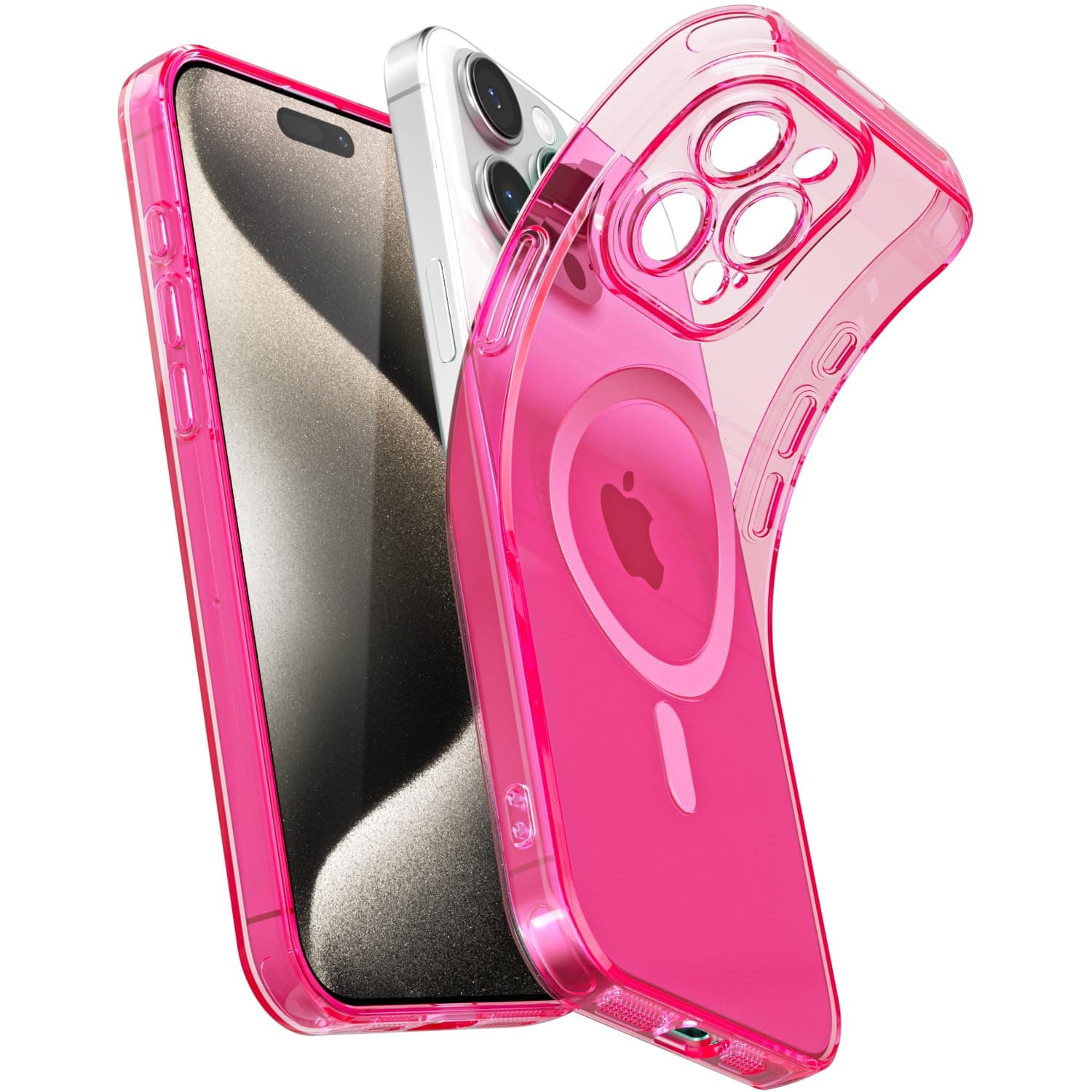 Svanove for iPhone 15 Pro Max Case Clear Magnetic, Compatible with Magsafe Slim Thin Transparent Mag Safe Case for Women Girl, Girly Cute Bright Fluorescent Silicone with Camera Cover, Neon Hot Pink