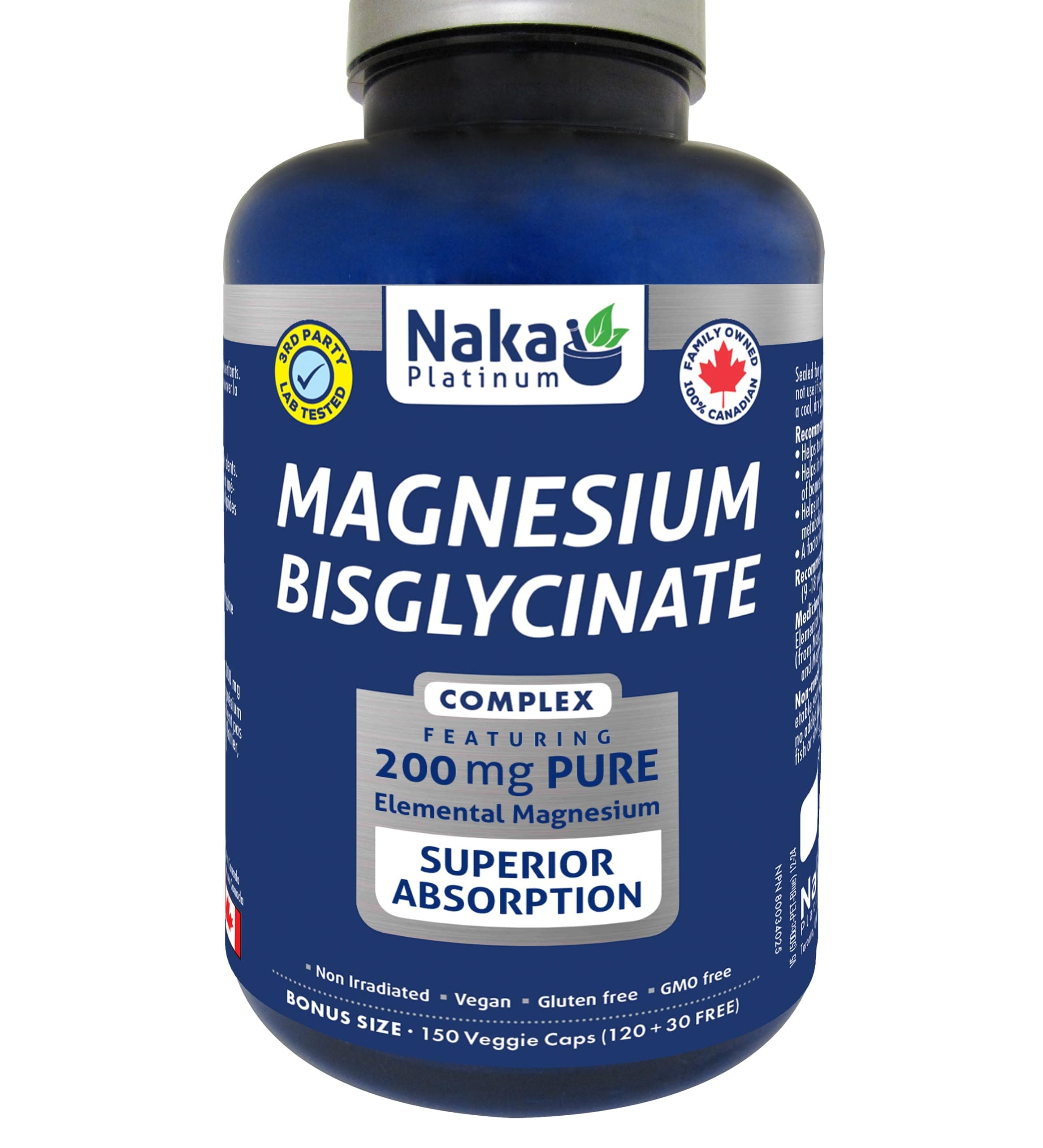 Naka Platinum Magnesium Bisglycinate Complex 200 mg – High Absorption Chelated Magnesium Supplement – Vegan, Gluten-Free, Non-GMO – Made in Canada (150 vcaps)