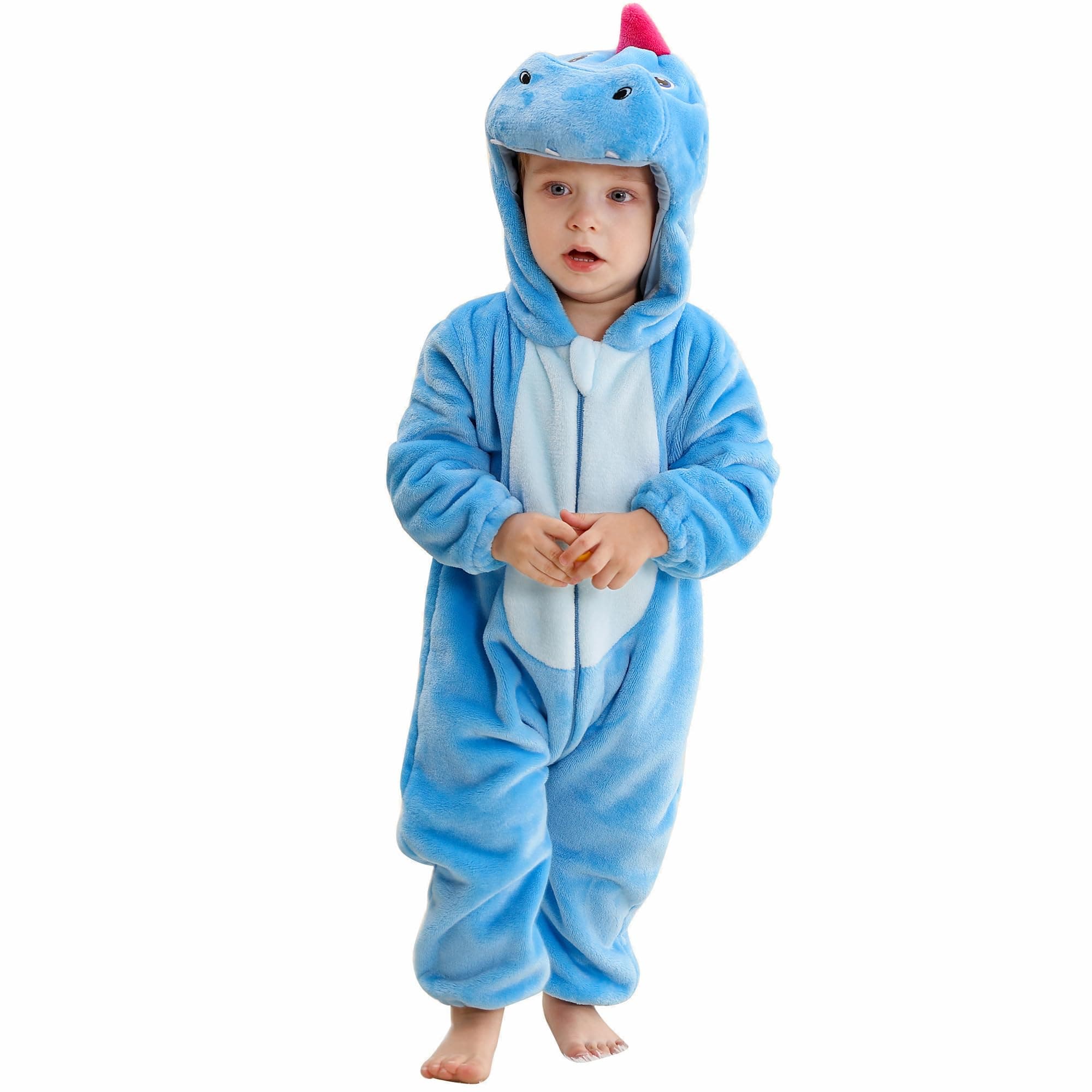 BETTERFUN Baby Animal Cosplay Costume Hooded Romper Soft Infant Toddlers Halloween Outfits Winter Autumn Jumpsuit, Blue Dinosaur, 12-18 Months