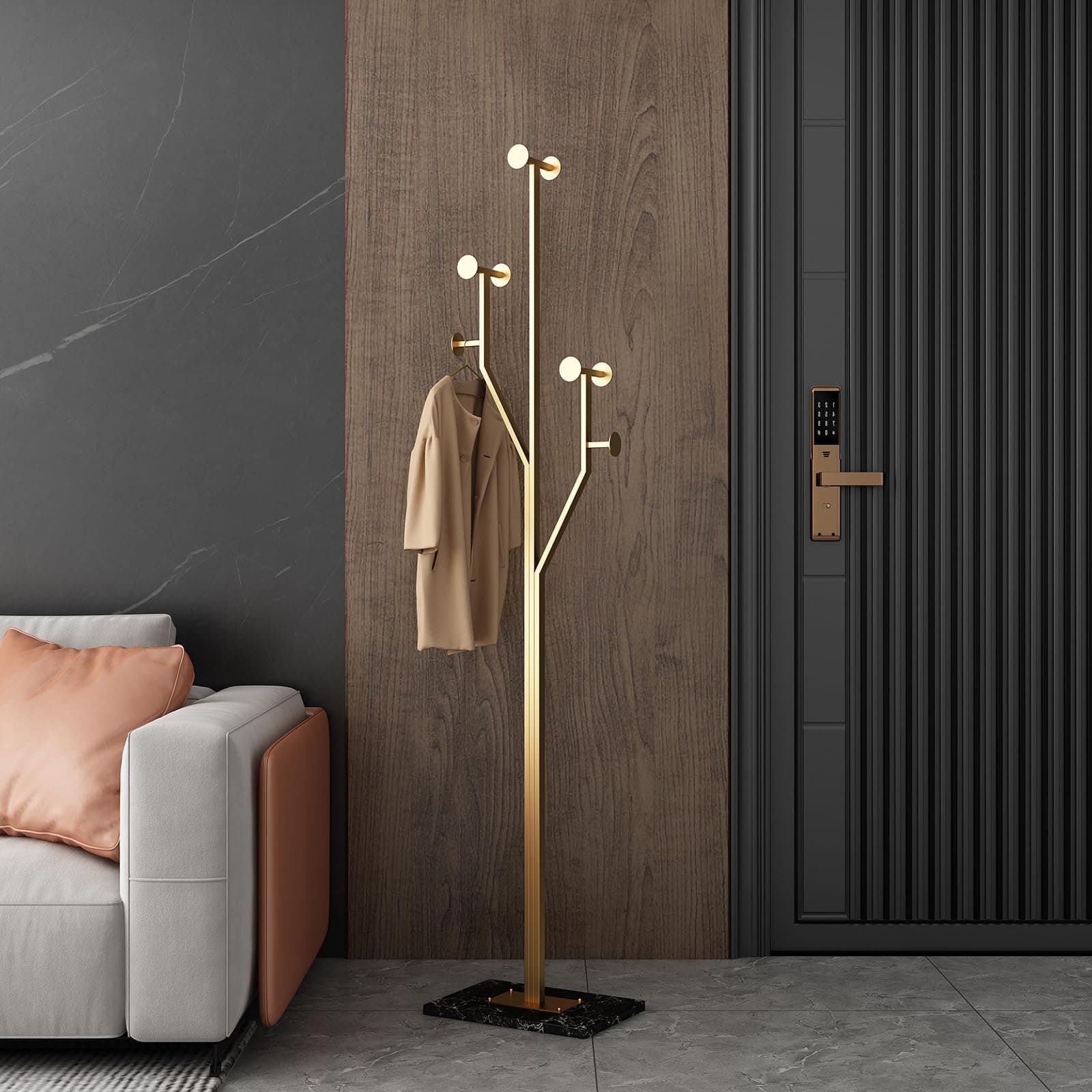 JIAYUEJU Metal Coat Rack Tree-shaped Freestanding Coat Tree with Sturdy Marble Base Corner Coat Rack for Bedroom Entryway Hallway 14.96x10.24x68.9 in (Gold)