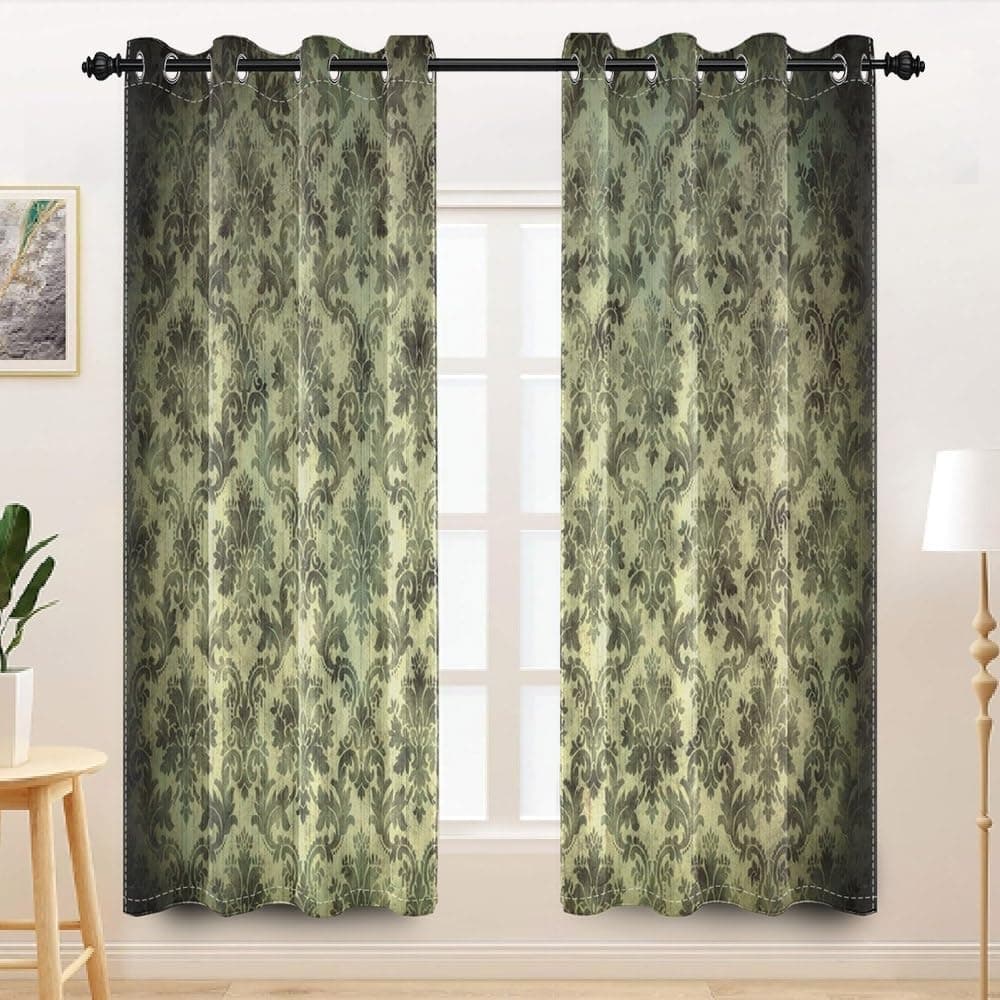 TTQYFNM Vintage Damask Floral Curtains Dark Green Classic Flower Pattern Blackout Window Drapes for Bedroom Living Room Kitchen Darkening Noisy Reducing Window Treatments 2 Panel Set,52x84inch