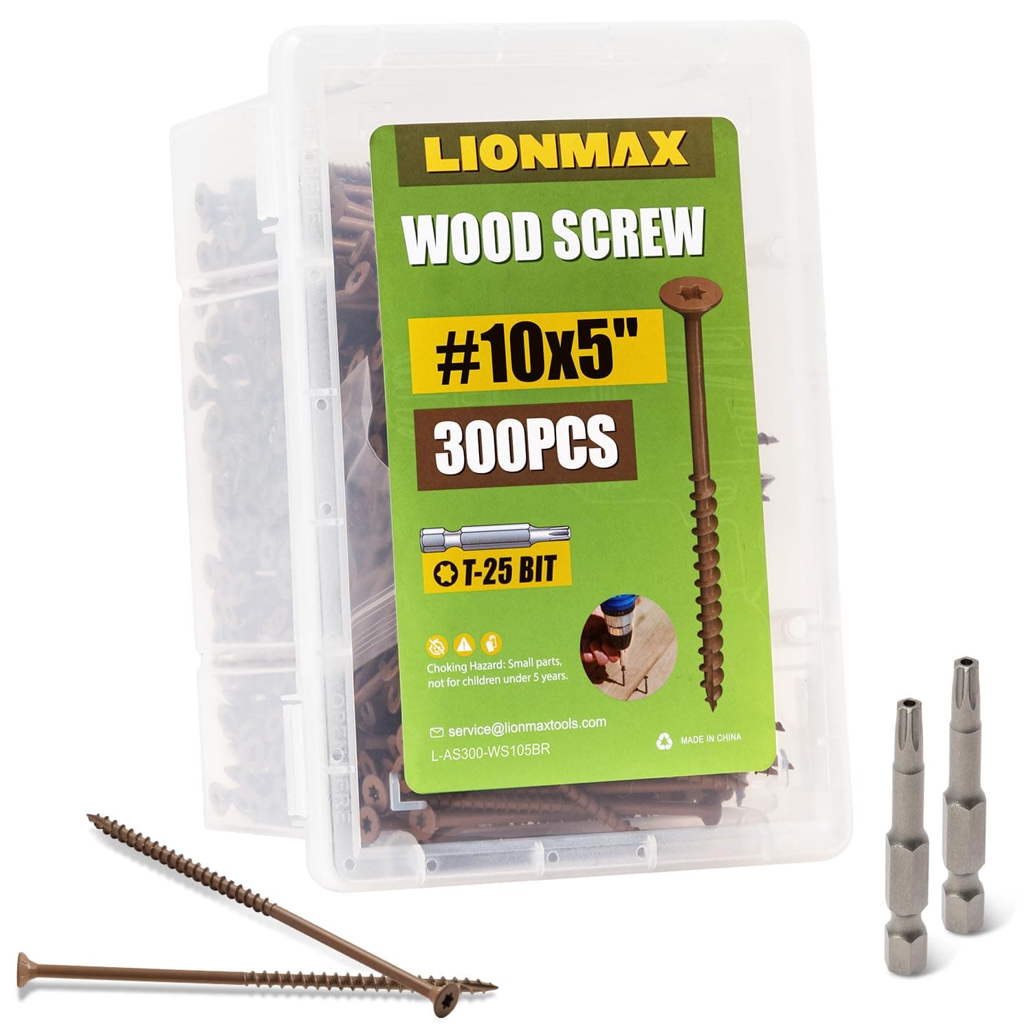 LIONMAX Wood Screws 5 Inch, Deck Screws #10 x 5, 300 PCS, Rust Resistant, Epoxy Coated, Exterior Wood Screw, Outdoor Decking Screws, Torx/Star Drive Head, T25 Star Bit Included, Brown