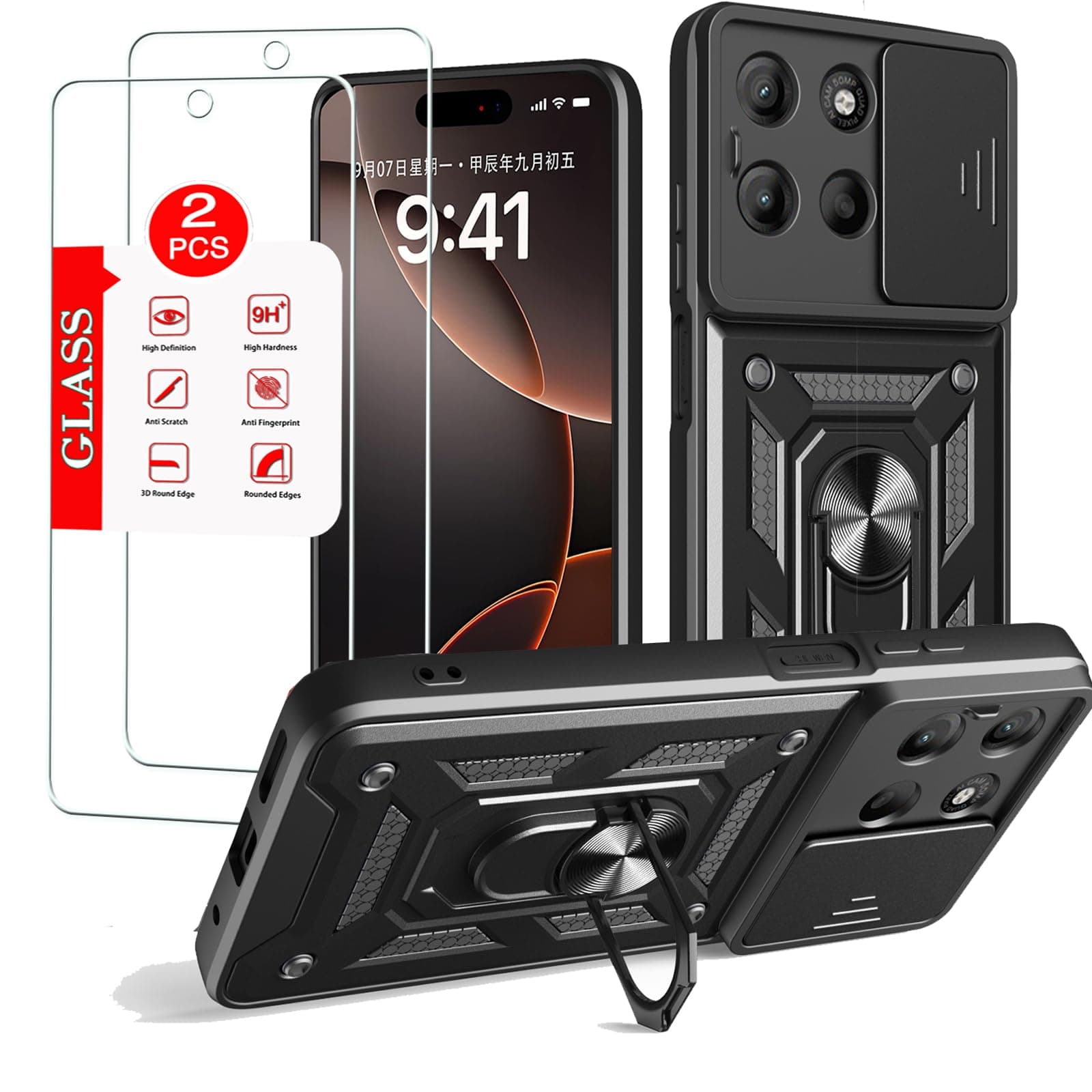Anvzle for Motorola Moto G15 Case with [2 Pack] Tempered Glass Screen Protector, for Moto G15 Case Heavy Duty Armor [Military-Grade] Protective，with Magnetic Stand Phone Cover Black