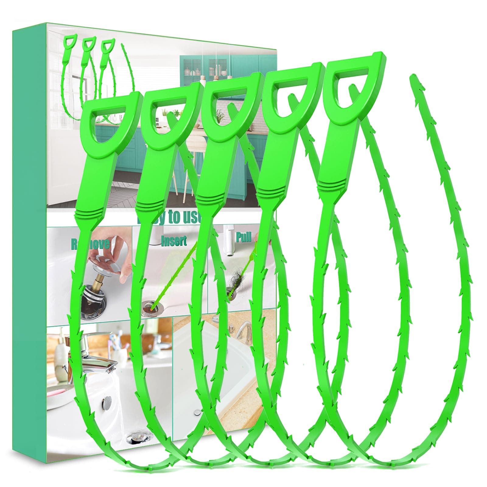 LUTICO Drain Snake Hair Clog Remover, Sink & Shower, 5 Pack, Green