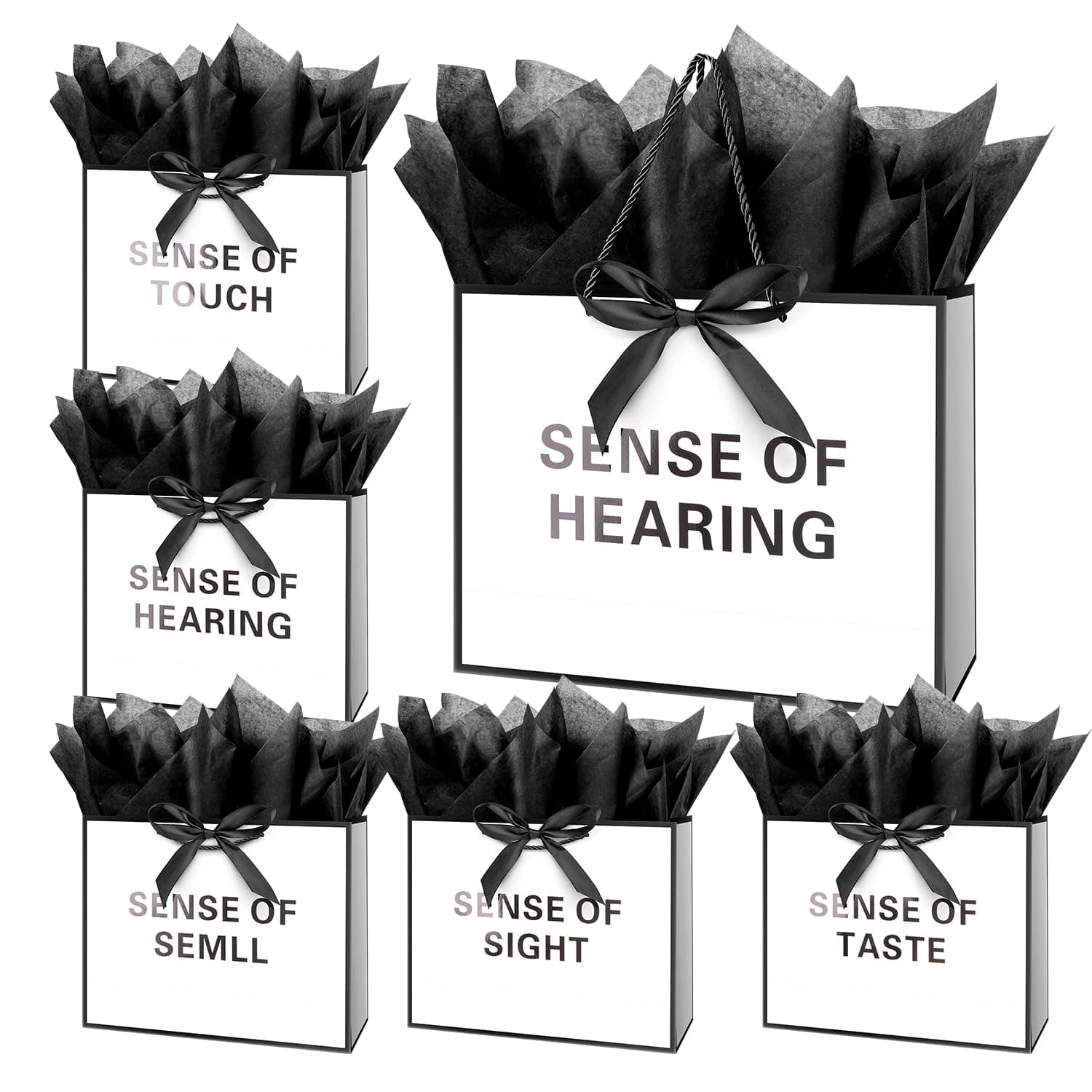 Linelglobal 5 Sense Gift Bag for Men Women with Tissue Paper, 12.6" Anniversary Gift Bag for Him Her Birthday White Black