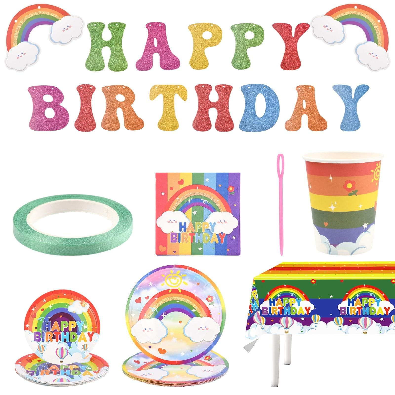 LiQunSweet Rainbow Birthday Party Decoration Sets Rainbow Party Set Happy Birthday Banner Garland Paper Towels & Paper Cups & Tablecloth & Banner