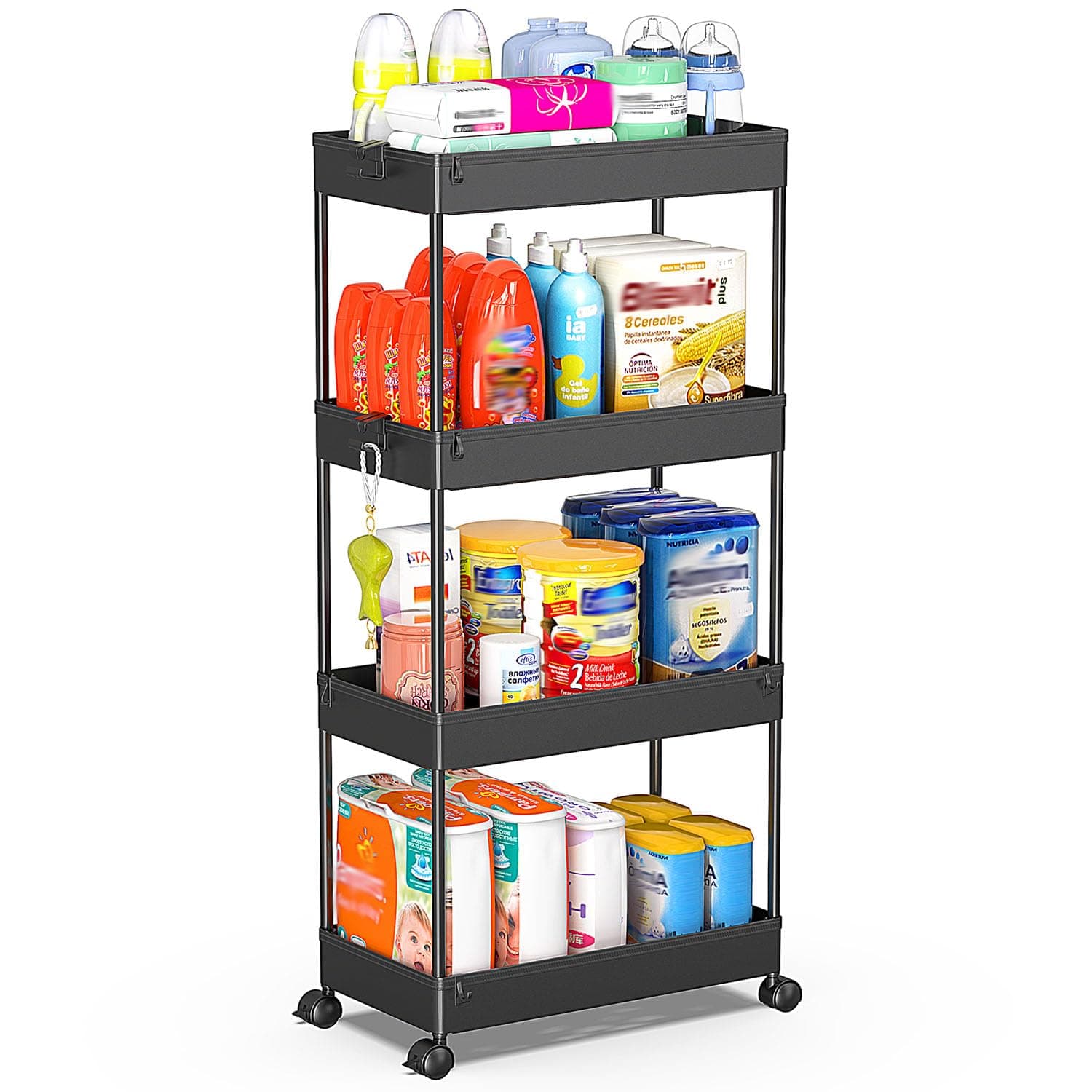 SPACEKEEPER 4 Tier Rolling Cart, Bathroom Cart Organizer with Wheels, Black